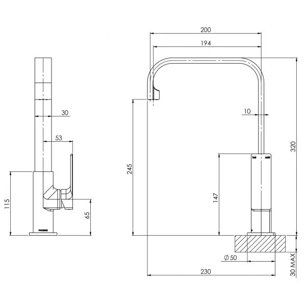 Phoenix Gloss Sink Mixer 200mm Squareline | Chrome | - Image 2