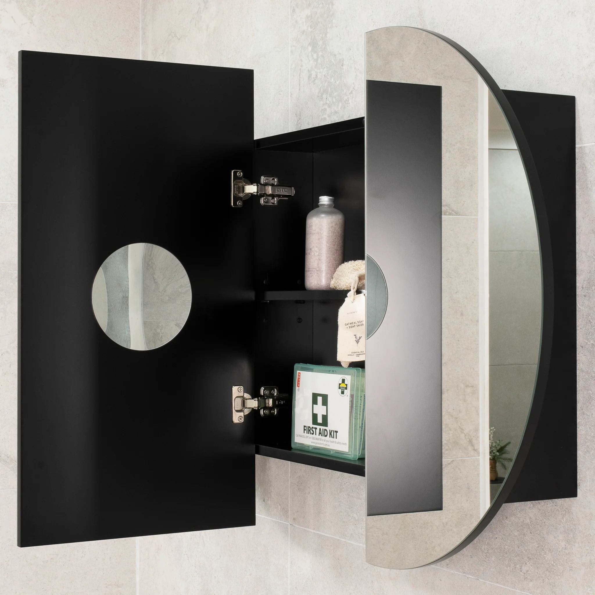 Pill Oval 1200mm x 750mm Mirrored Shaving Cabinet, Matte Black - Image 10