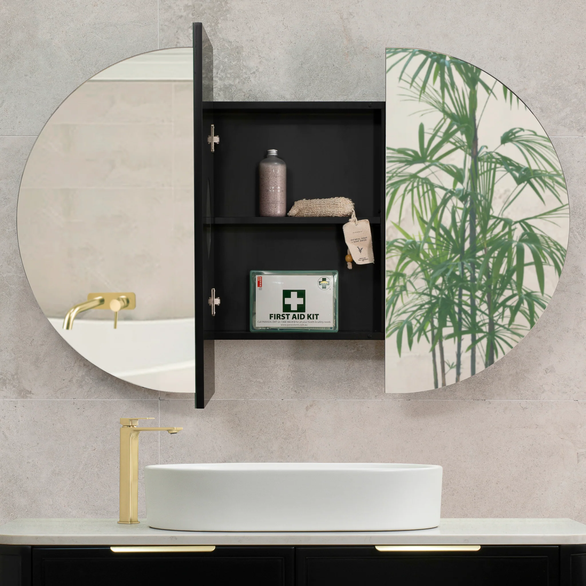 Pill Oval 1200mm x 750mm Mirrored Shaving Cabinet, Matte Black - Image 5