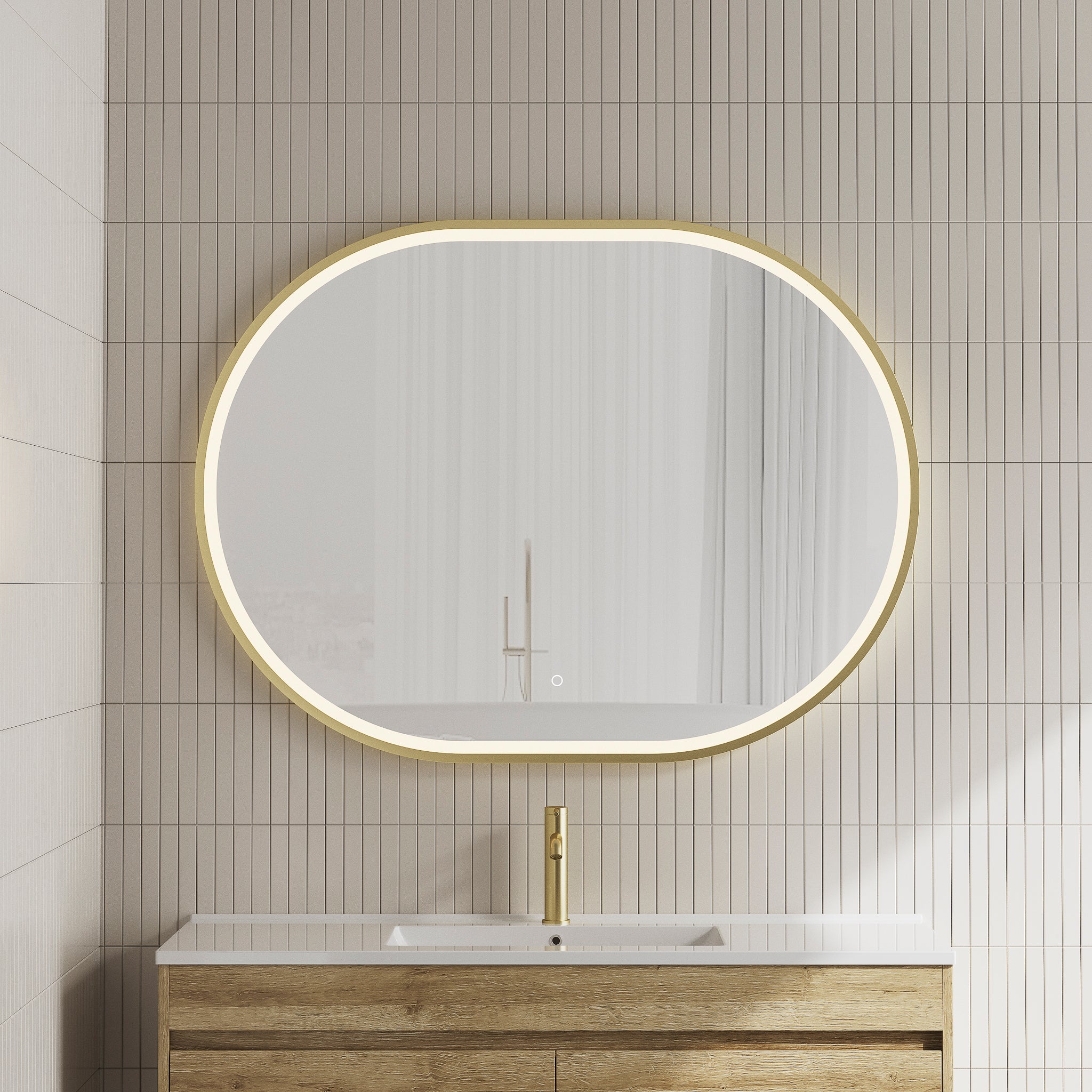*Clearance* Pill Oval 1200mm x 900mm Frontlit LED Framed Mirror with Demister, Brushed Brass (Gold) Frame
