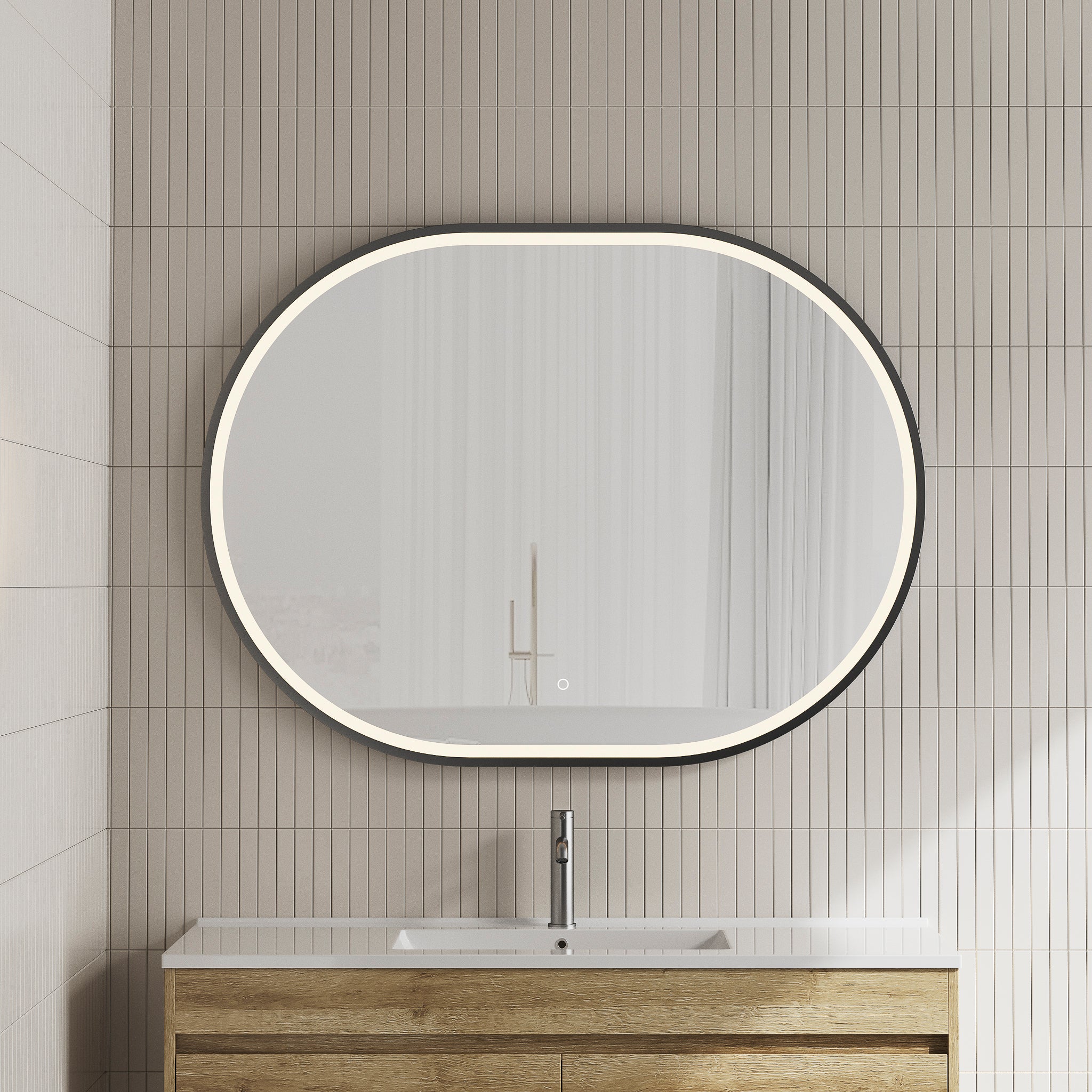 *Clearance* Pill Oval 1200mm x 900mm Frontlit LED Framed Mirror with Demister, Matte Black Frame