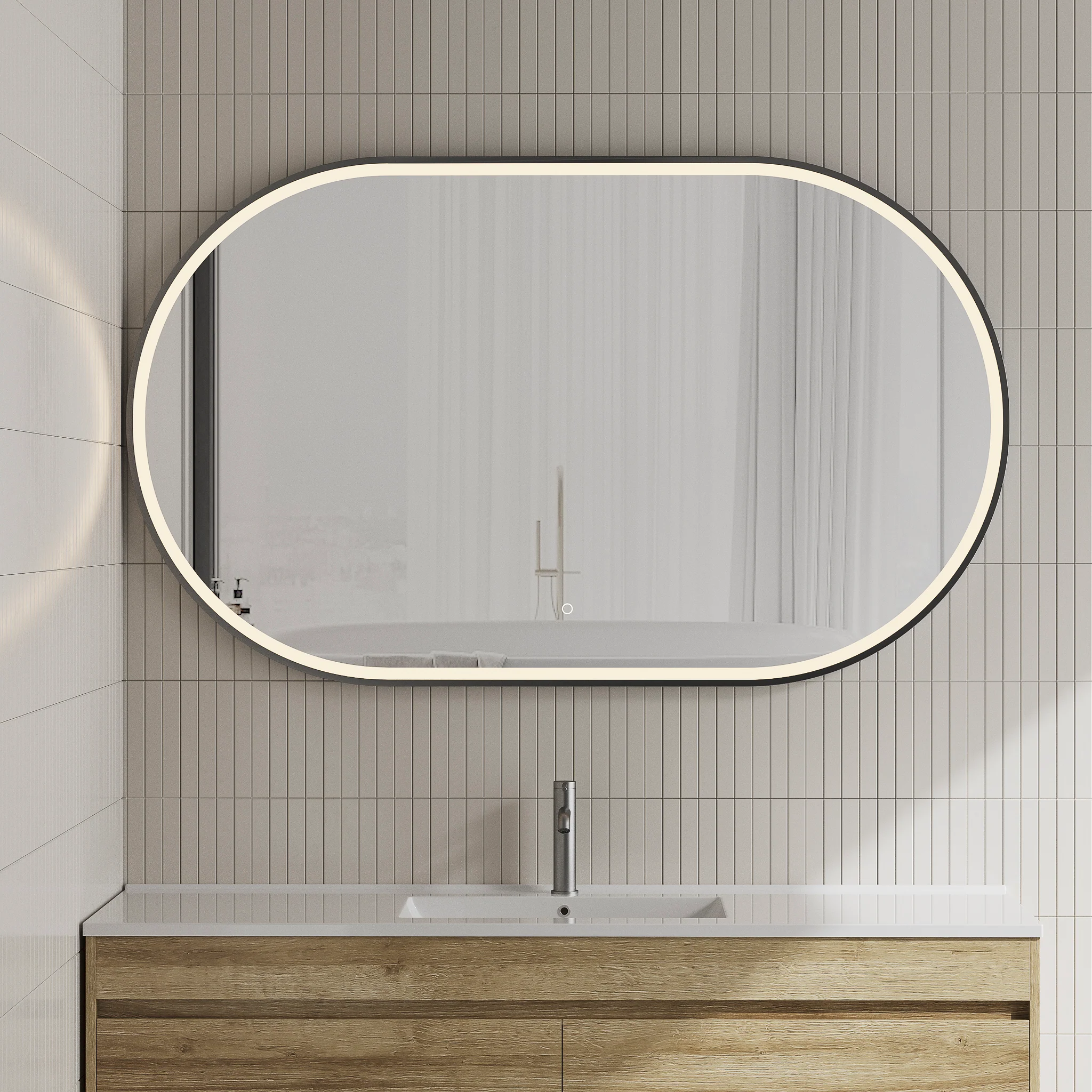 *Clearance* Pill Oval 1500mm x 900mm Frontlit LED Framed Mirror with Demister, Matte Black Frame