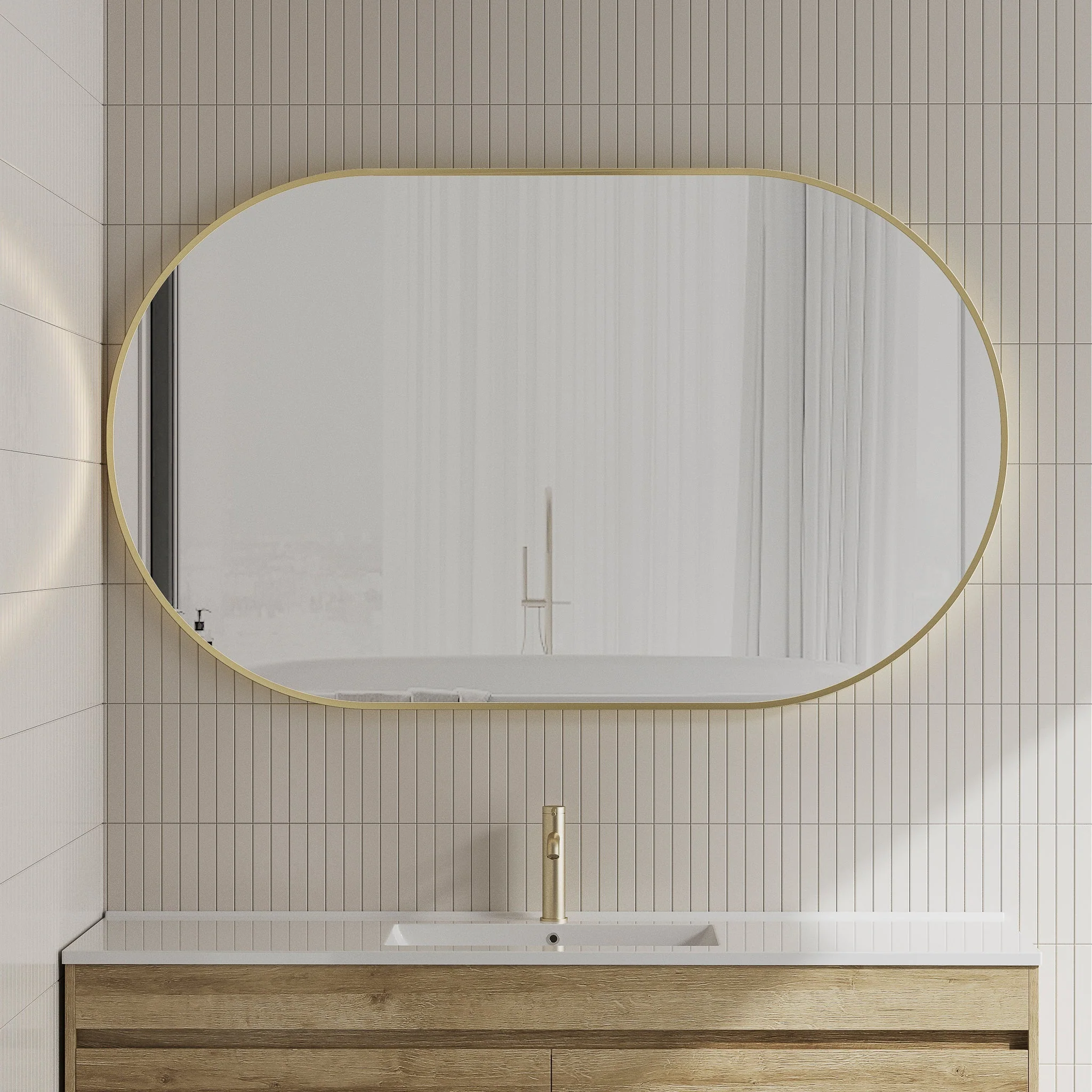 *Clearance* Pill Oval 1500mm x 900mm Framed Mirror, Brushed Brass (Gold) Frame