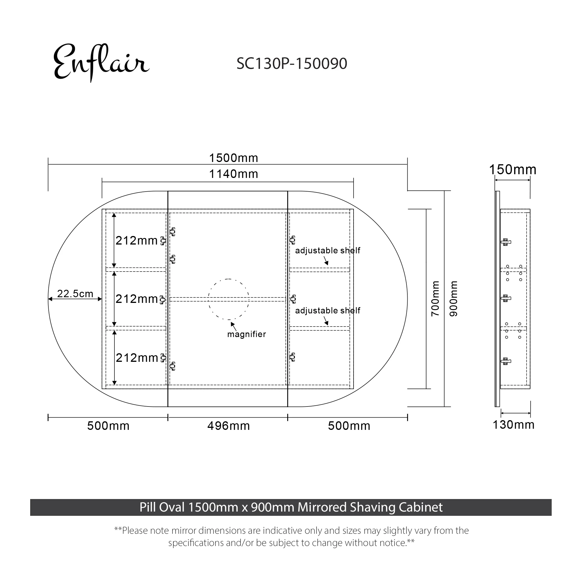 Pill Oval 1500mm x 900mm Mirrored Shaving Cabinet, Matte White - Image 14