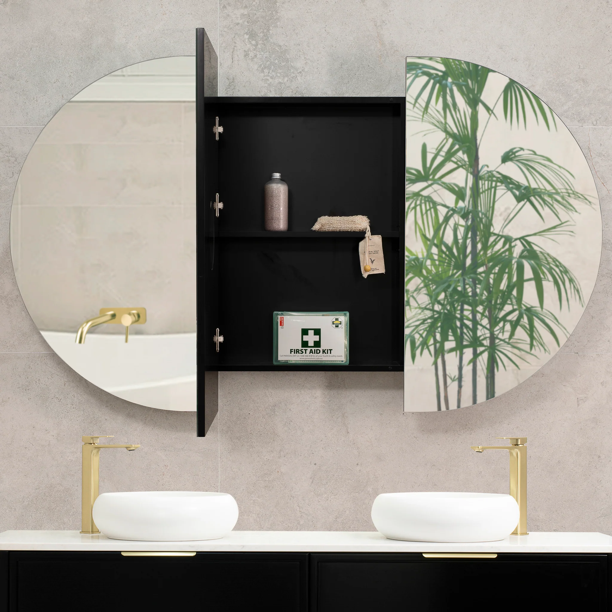 Pill Oval 1500mm x 900mm Mirrored Shaving Cabinet, Matte Black - Image 4