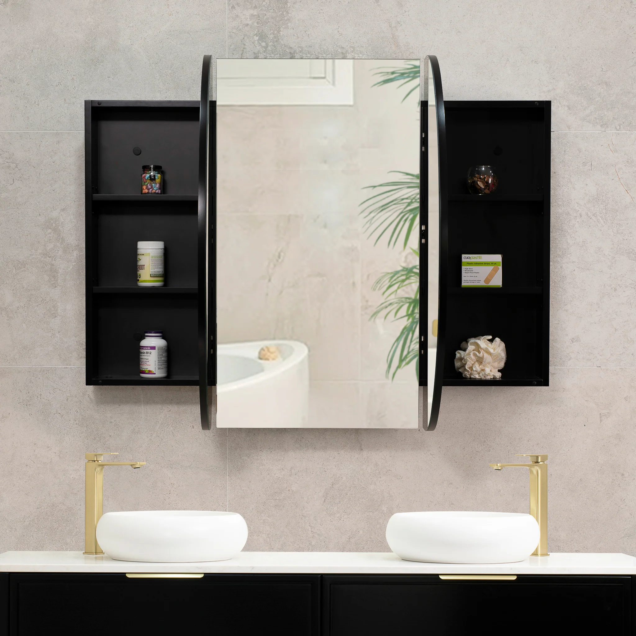 Pill Oval 1500mm x 900mm Mirrored Shaving Cabinet, Matte Black - Image 6