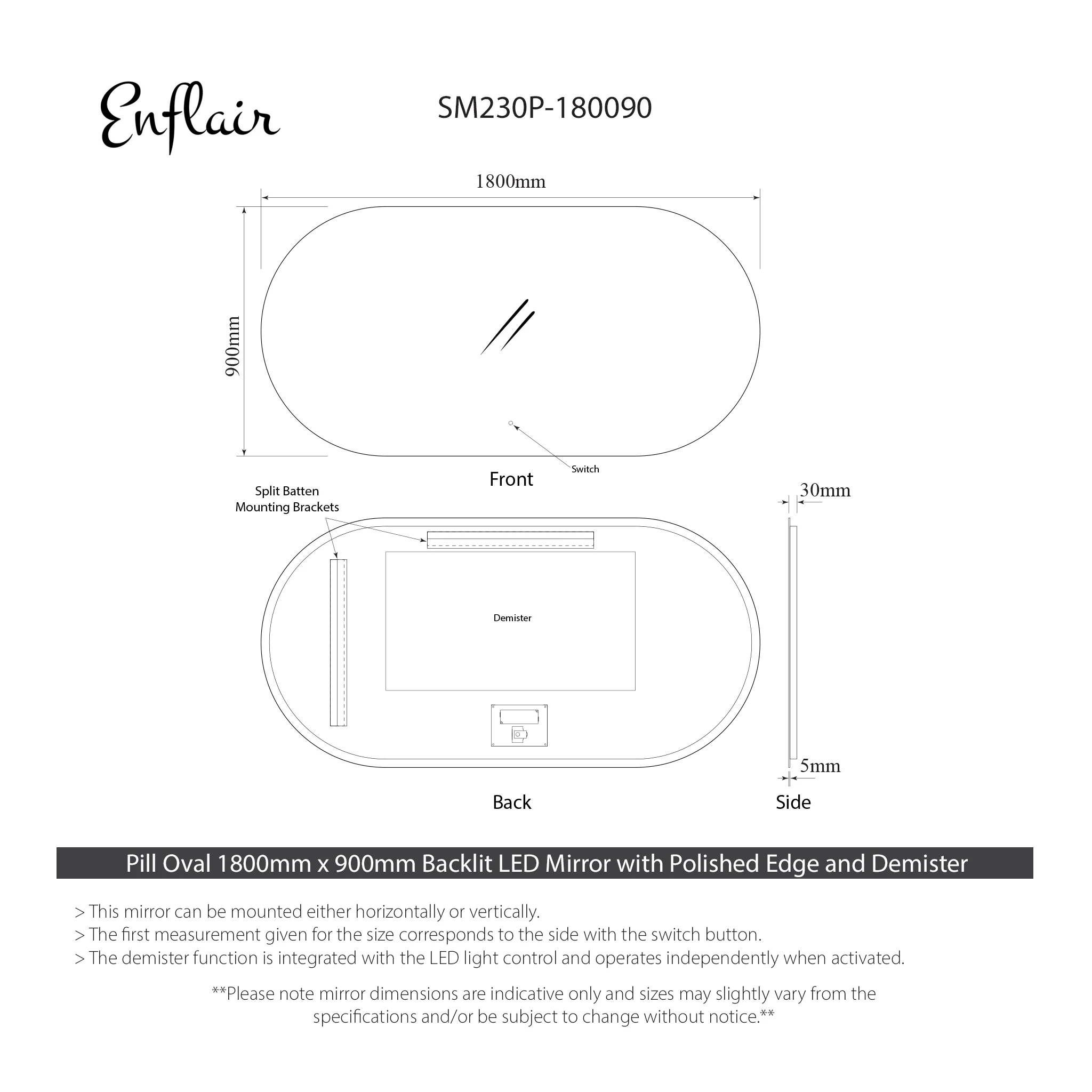 Pill Oval 1800mm x 900mm Backlit LED Frameless Mirror with Polished Edge and Demister - Image 3