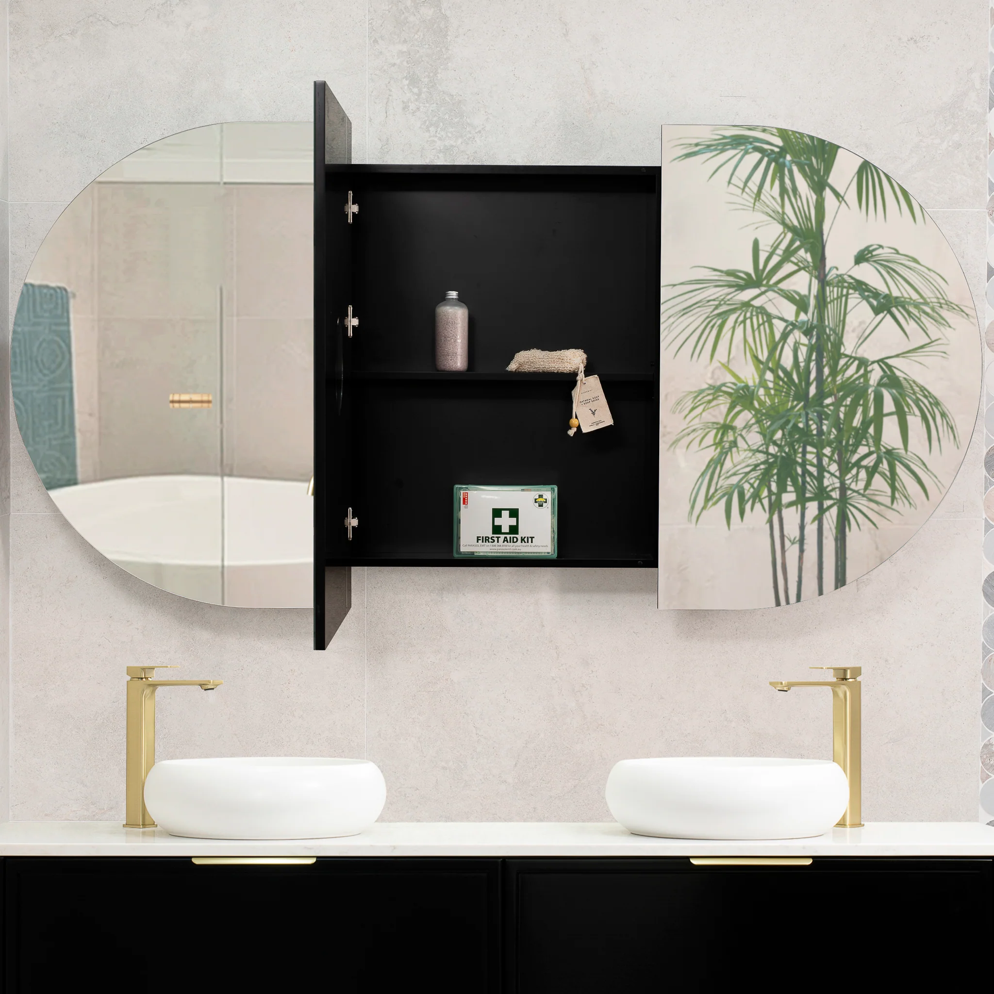 Pill Oval 1800mm x 900mm Mirrored Shaving Cabinet, Matte Black - Image 3