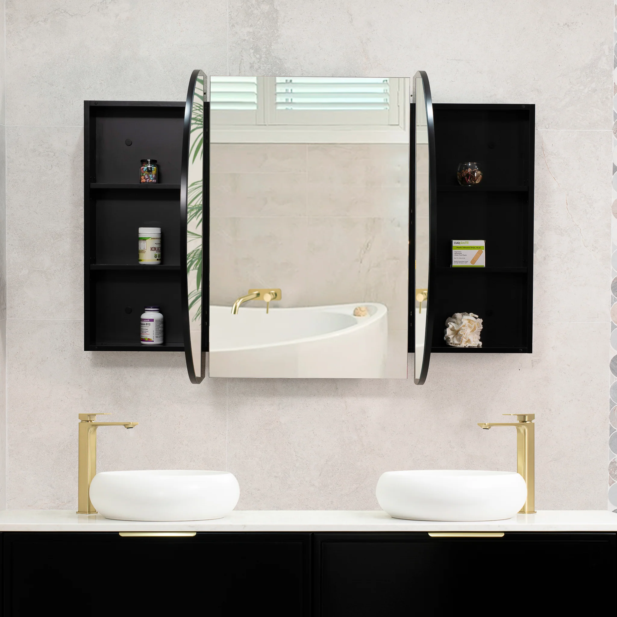 Pill Oval 1800mm x 900mm Mirrored Shaving Cabinet, Matte Black - Image 4