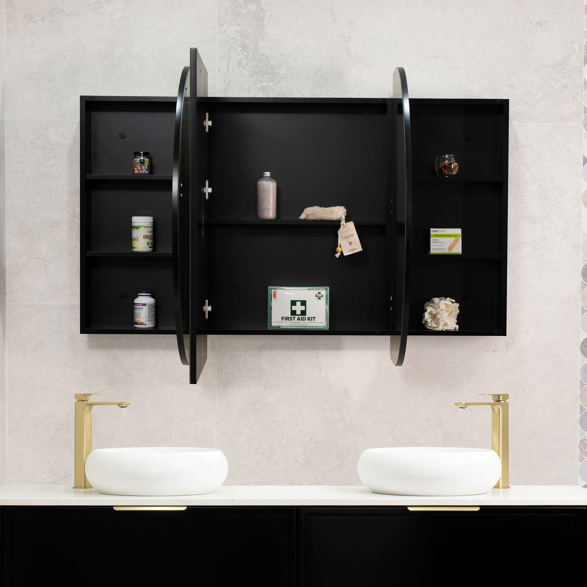 Pill Oval 1800mm x 900mm Mirrored Shaving Cabinet, Matte Black - Image 5