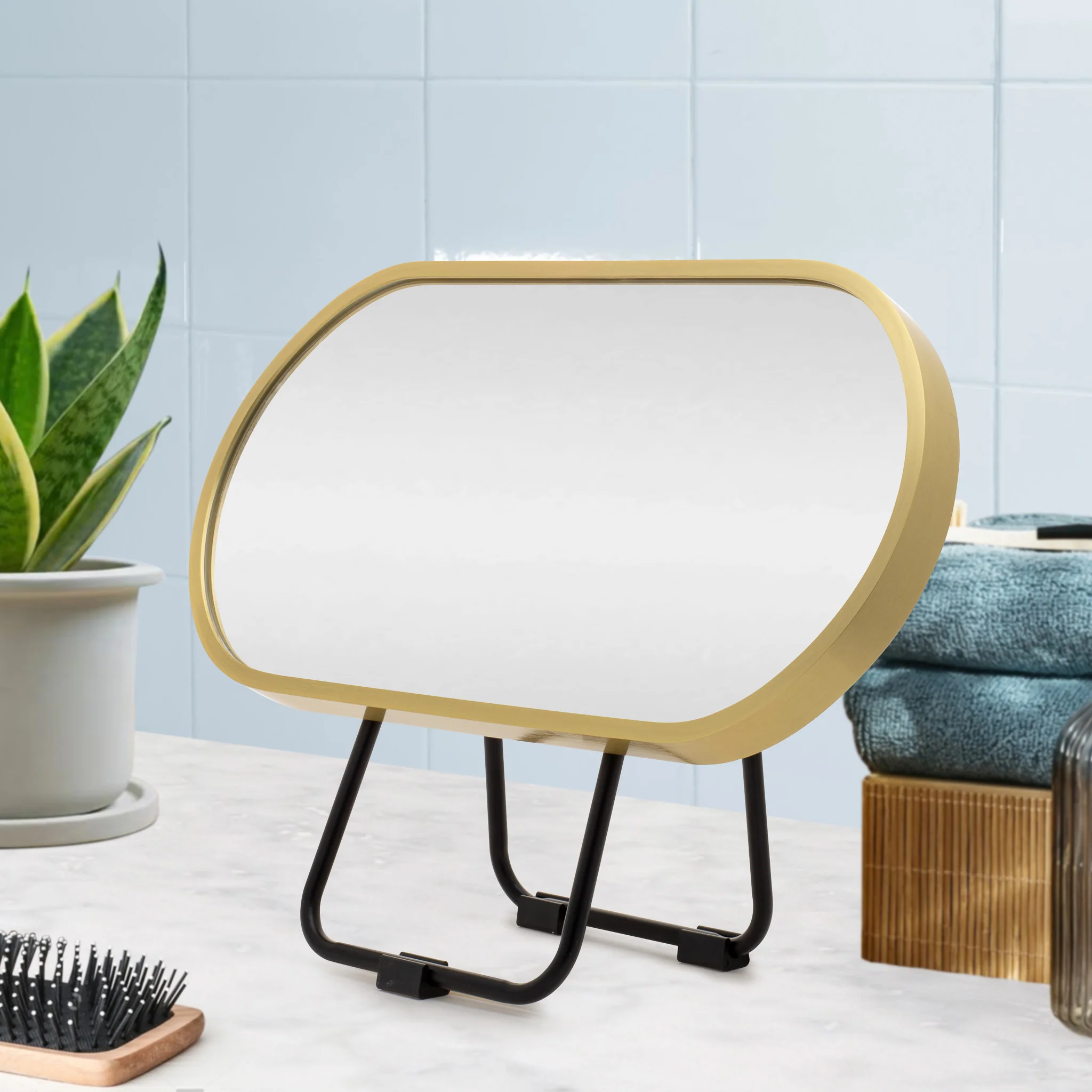 Pill Oval 220mm x 440mm Desk Mirror with Brushed Brass (Gold) Frame - Image 2