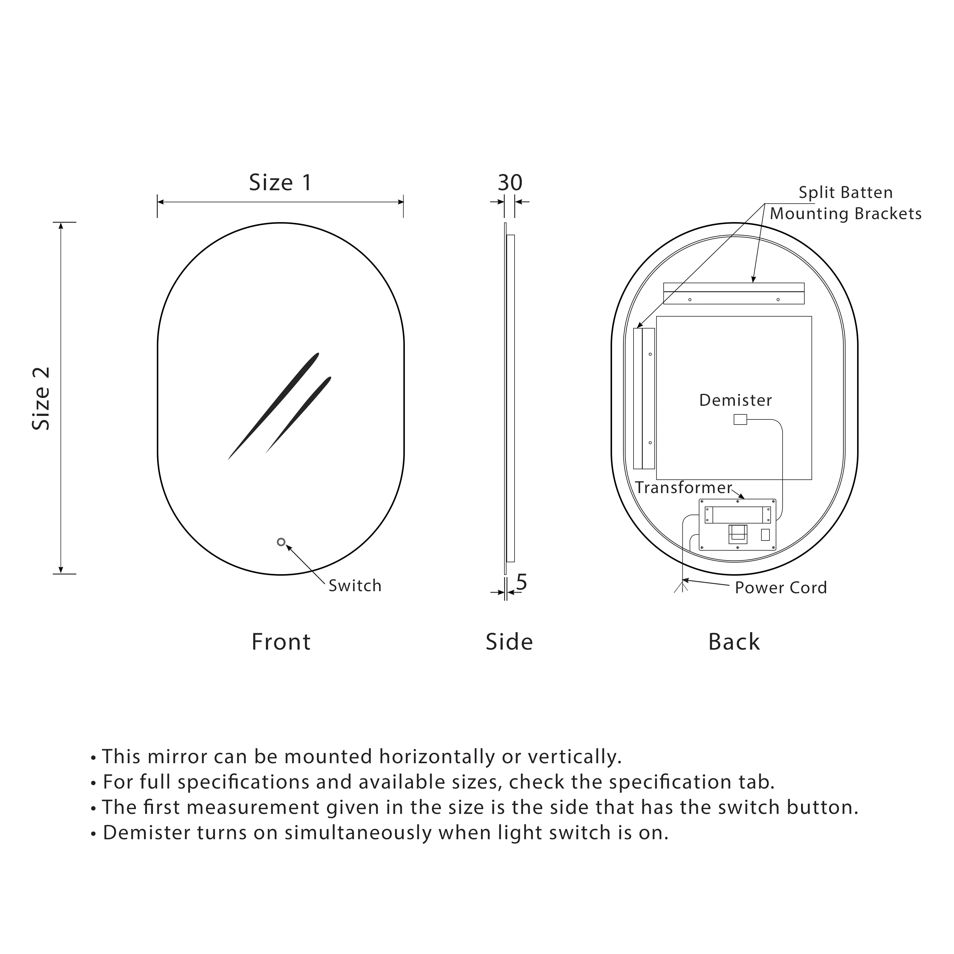 Pill Oval 400mm x 750mm Backlit LED Frameless Mirror with Polished Edge and Demister - Image 5