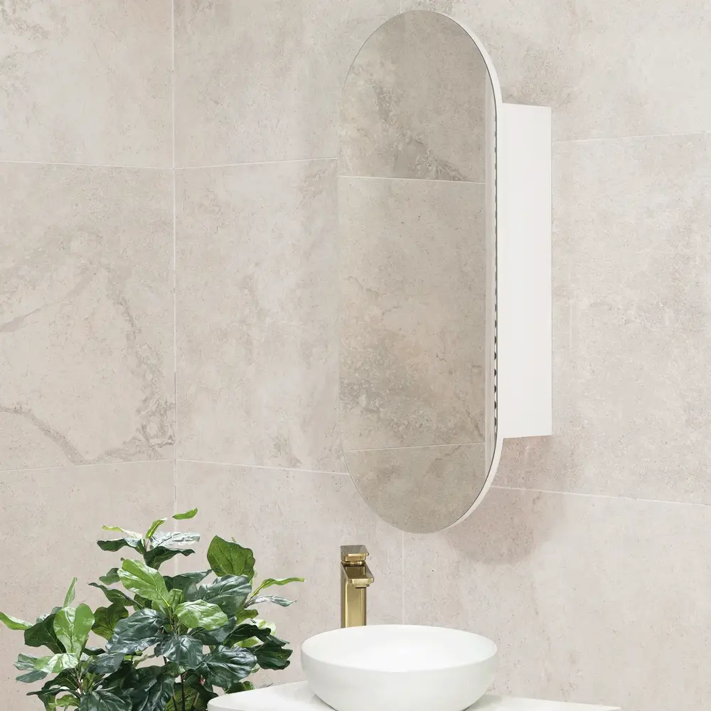 Pill Oval 400mm x 900mm Mirrored Shaving Cabinet, Matte White - Image 2
