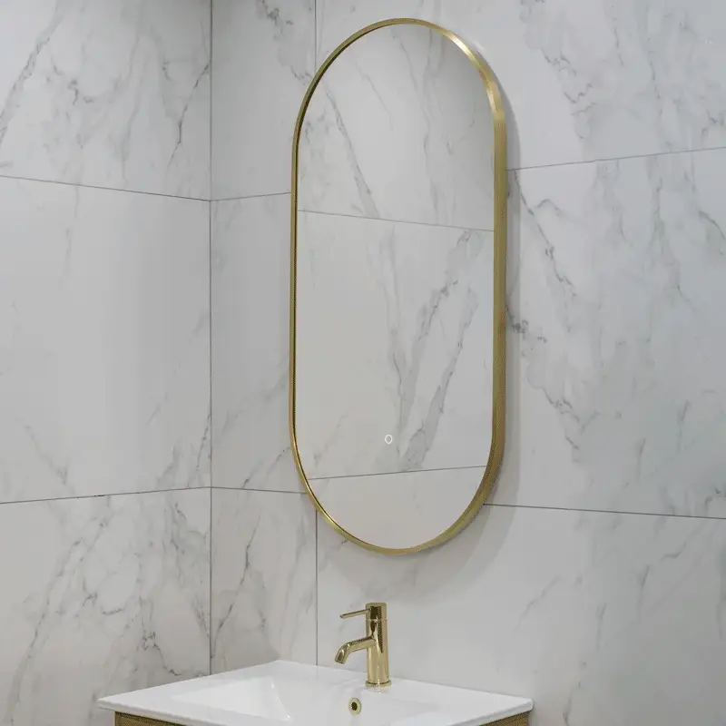 Pill Oval 500mm x 1000mm Backlit LED Framed Mirror with Demister, Brushed Brass (Gold) Frame - Image 3