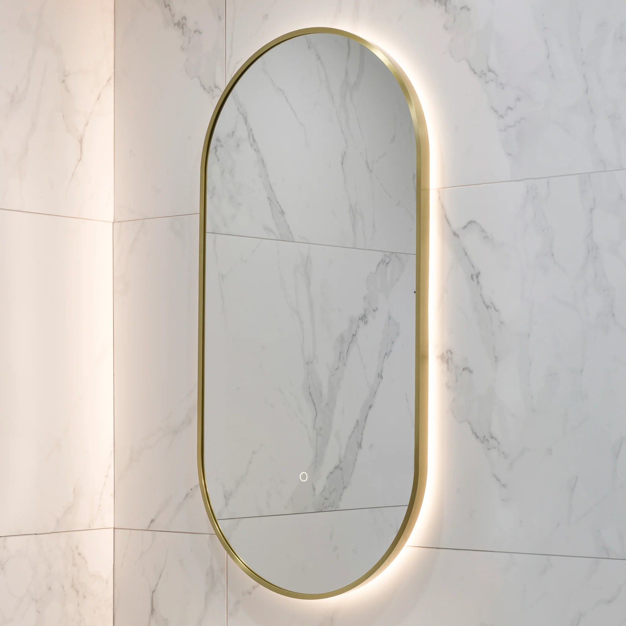 Pill Oval 500mm x 1000mm Backlit LED Framed Mirror with Demister, Brushed Brass (Gold) Frame - Image 9