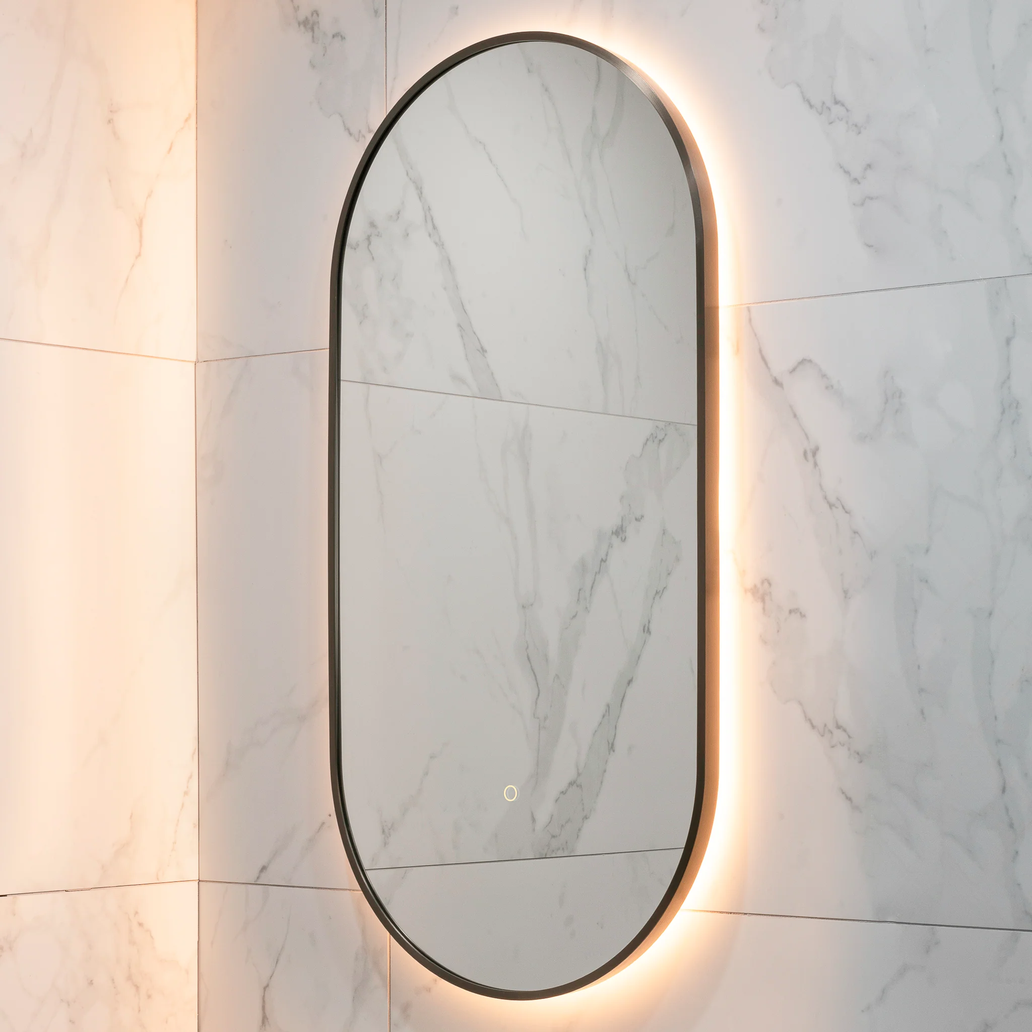 Pill Oval 500mm x 1000mm Backlit LED Framed Mirror with Demister, Brushed Gunmetal Frame - Image 10