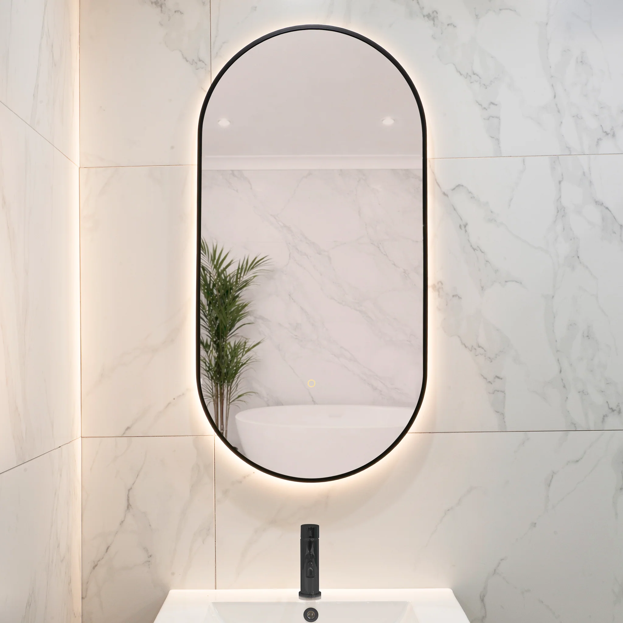 Pill Oval 500mm x 1000mm Backlit LED Framed Mirror with Demister, Matte Black Frame