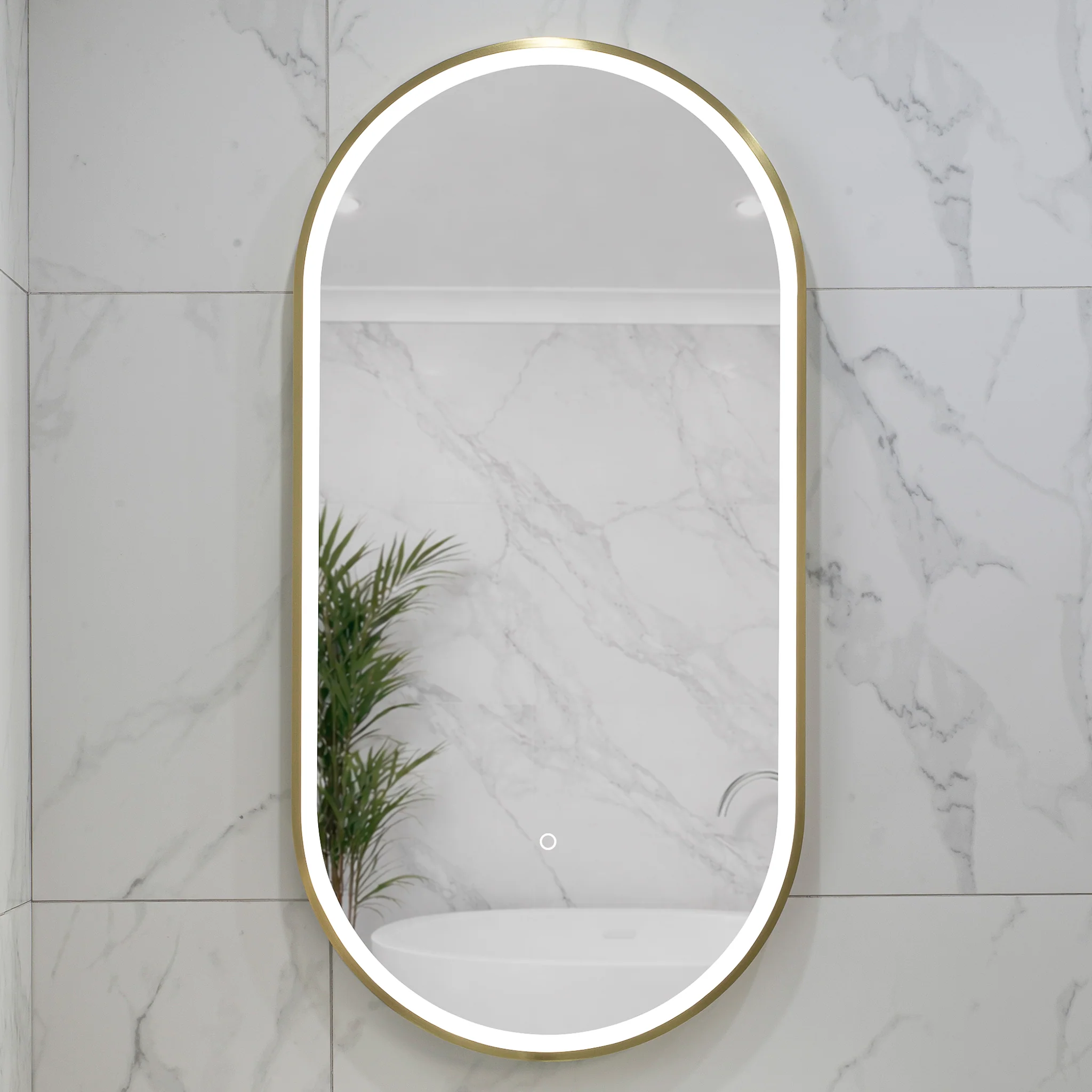 Pill Oval 500mm x 1000mm Frontlit LED Framed Mirror with Demister, Brushed Brass (Gold) Frame - Image 5