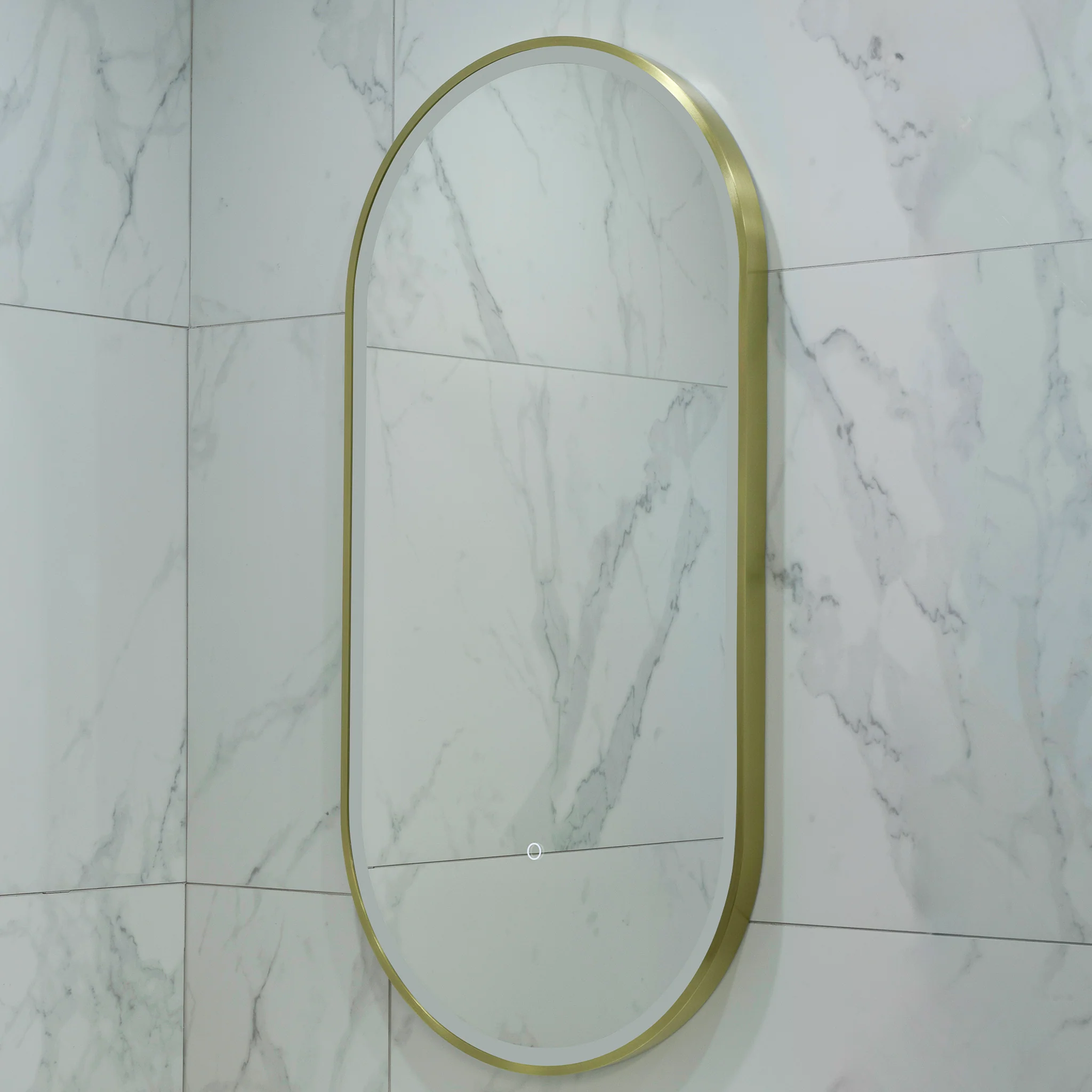Pill Oval 500mm x 1000mm Frontlit LED Framed Mirror with Demister, Brushed Brass (Gold) Frame - Image 7