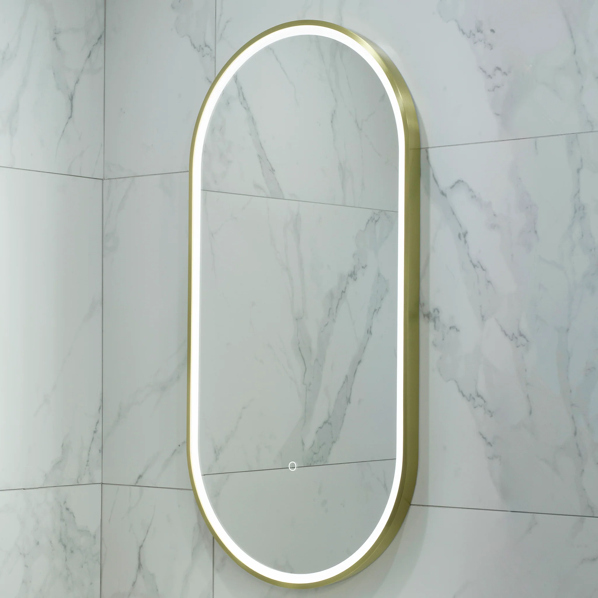 Pill Oval 500mm x 1000mm Frontlit LED Framed Mirror with Demister, Brushed Brass (Gold) Frame - Image 8