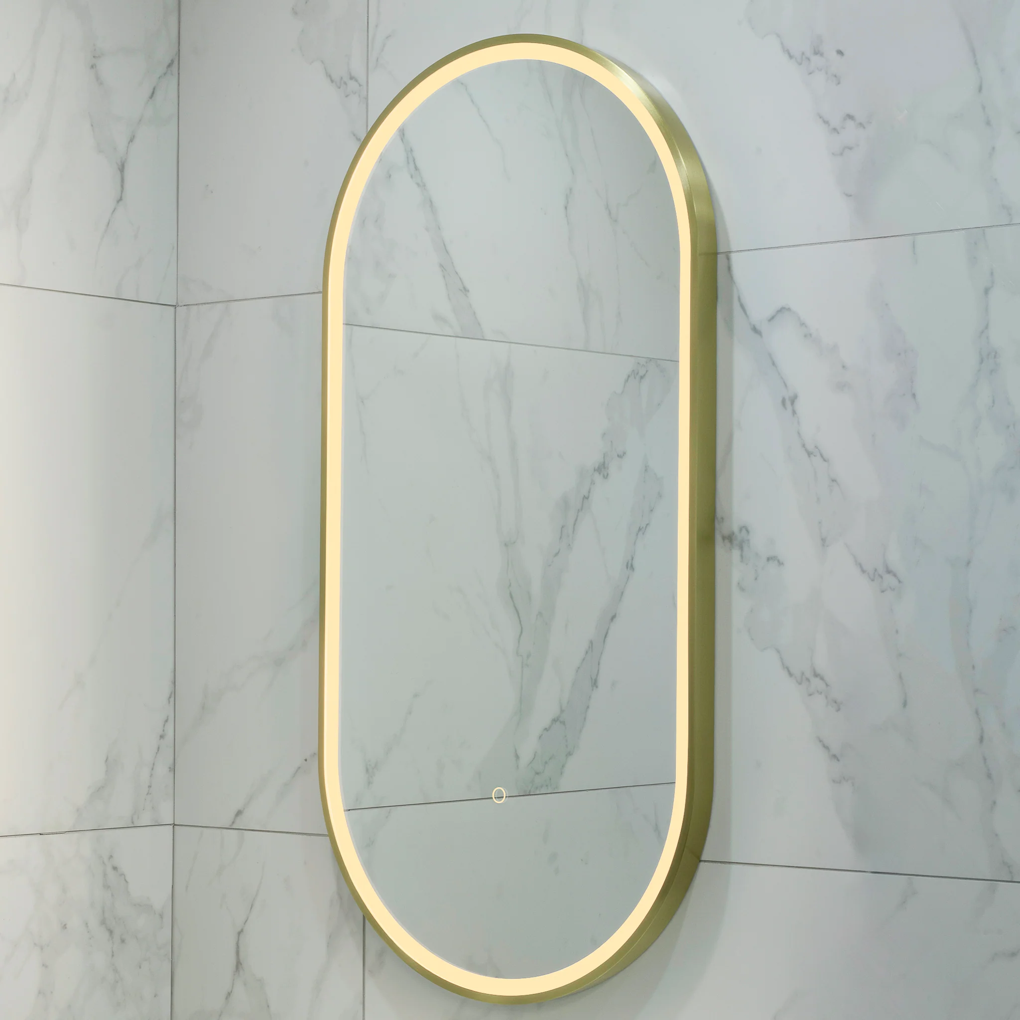Pill Oval 500mm x 1000mm Frontlit LED Framed Mirror with Demister, Brushed Brass (Gold) Frame - Image 9