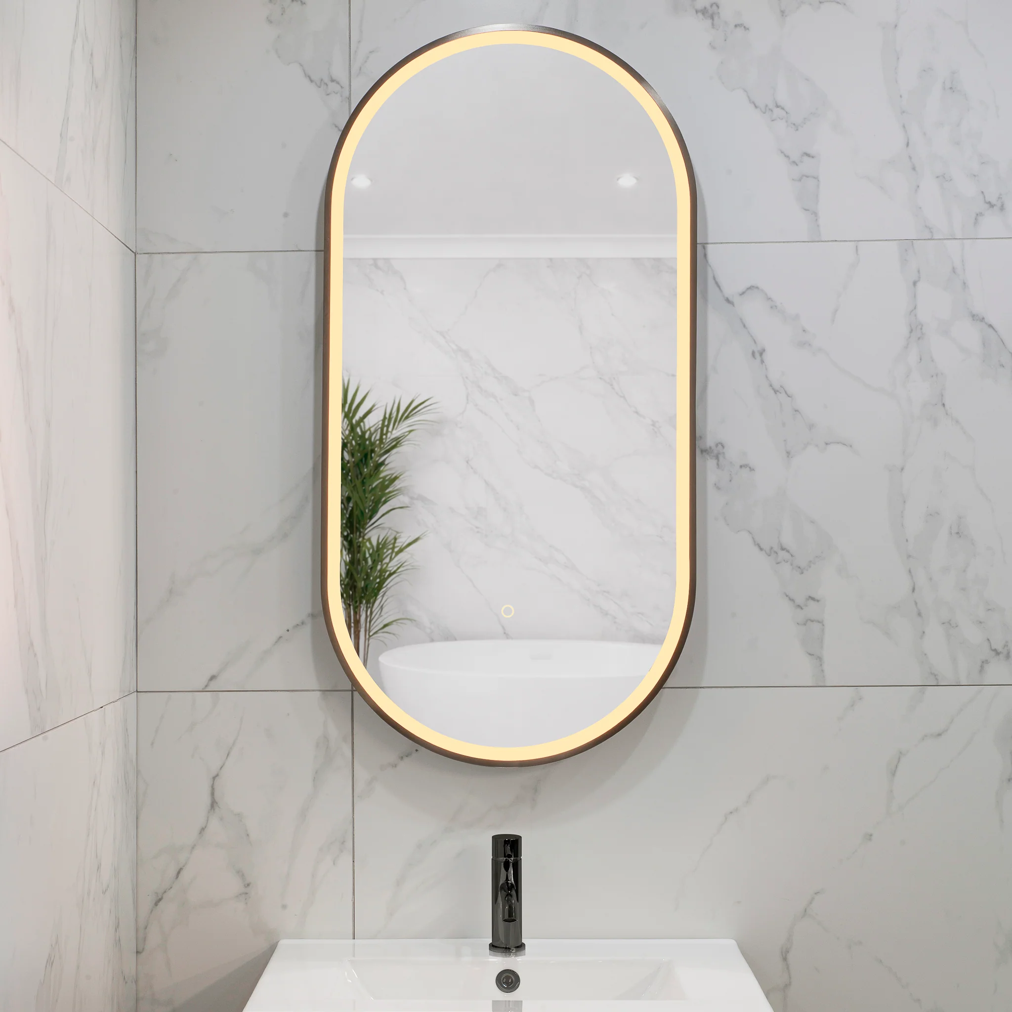 Pill Oval 500mm x 1000mm Frontlit LED Framed Mirror with Demister, Brushed Gunmetal Frame