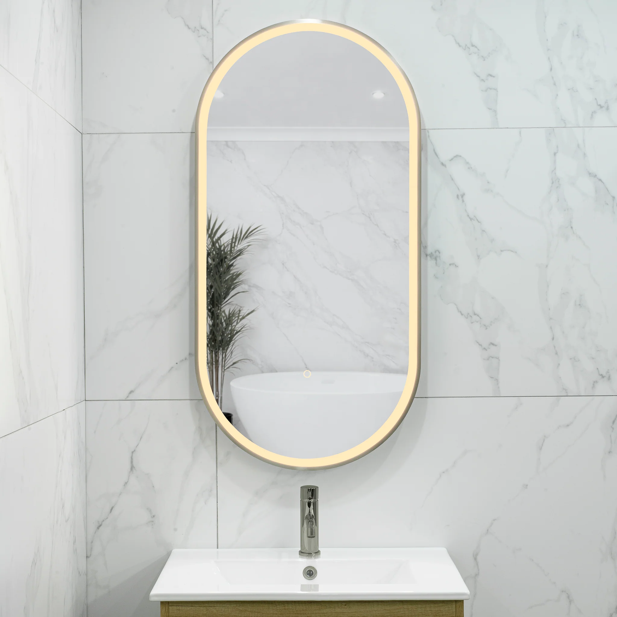 Pill Oval 500mm x 1000mm Frontlit LED Framed Mirror with Demister, Brushed Nickel Frame