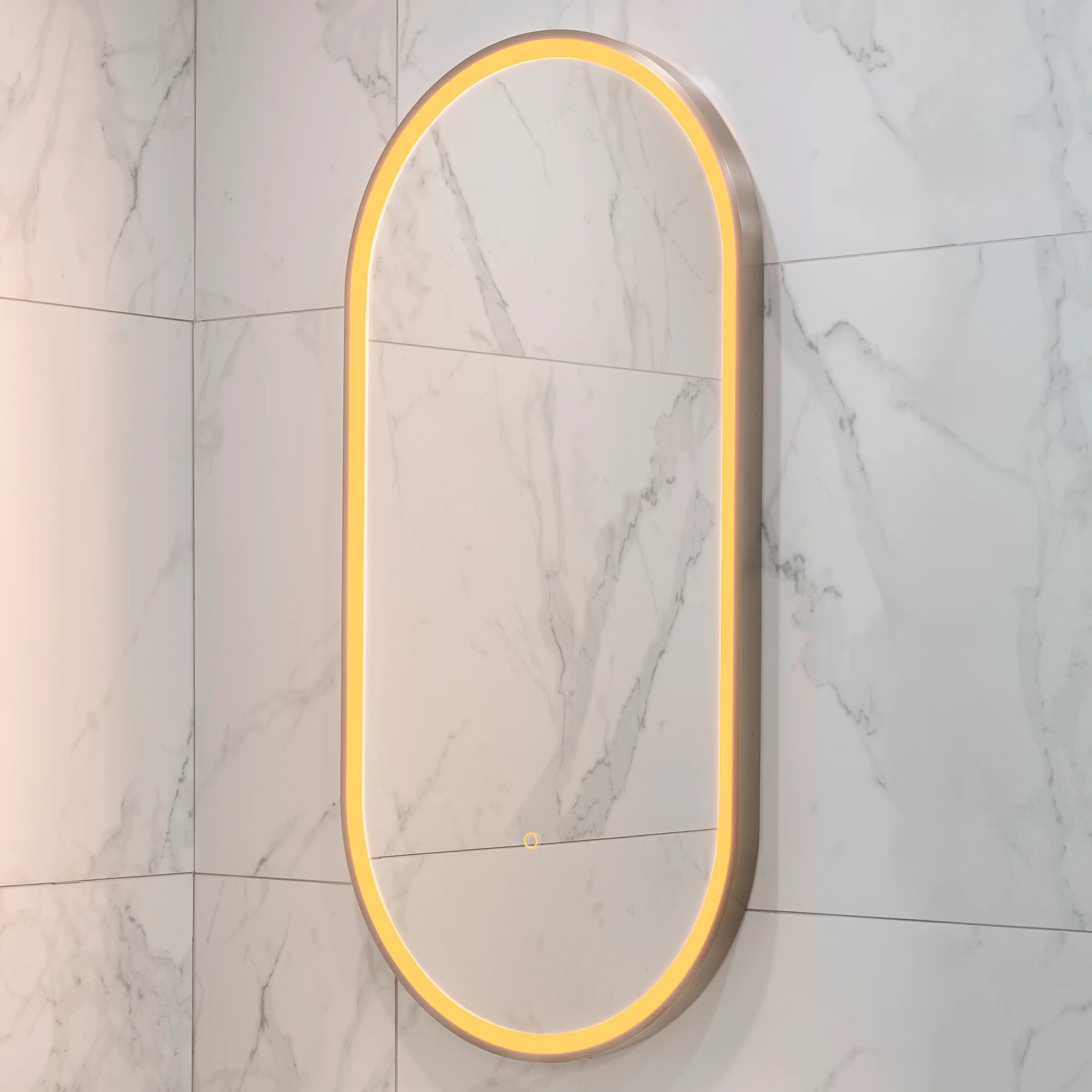 Pill Oval 500mm x 1000mm Frontlit LED Framed Mirror with Demister, Brushed Nickel Frame - Image 10