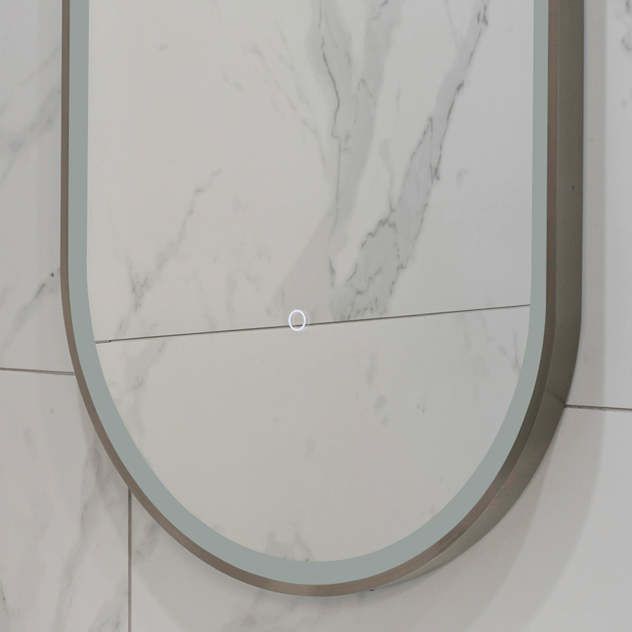 Pill Oval 500mm x 1000mm Frontlit LED Framed Mirror with Demister, Brushed Nickel Frame - Image 11