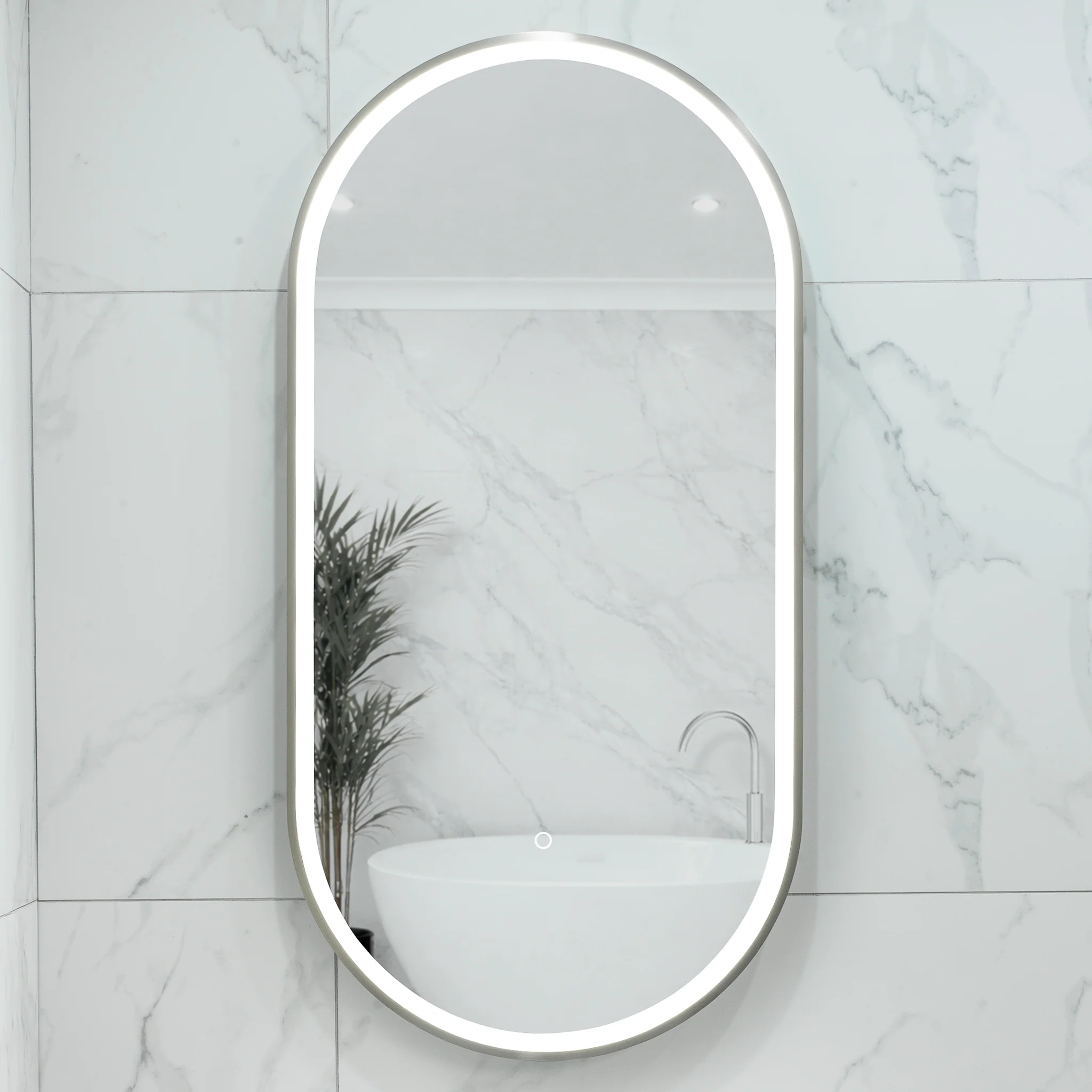 Pill Oval 500mm x 1000mm Frontlit LED Framed Mirror with Demister, Brushed Nickel Frame - Image 5