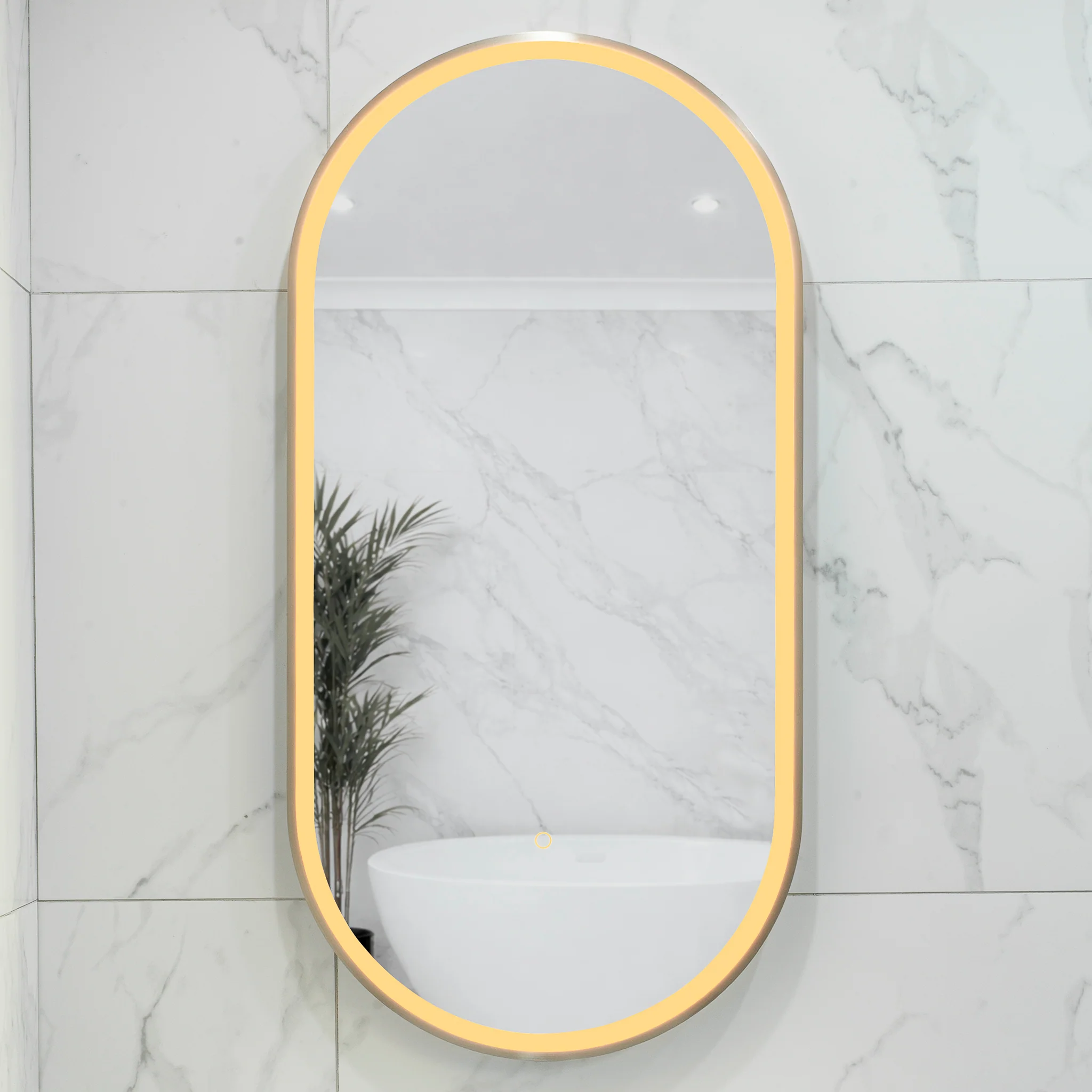 Pill Oval 500mm x 1000mm Frontlit LED Framed Mirror with Demister, Brushed Nickel Frame - Image 6