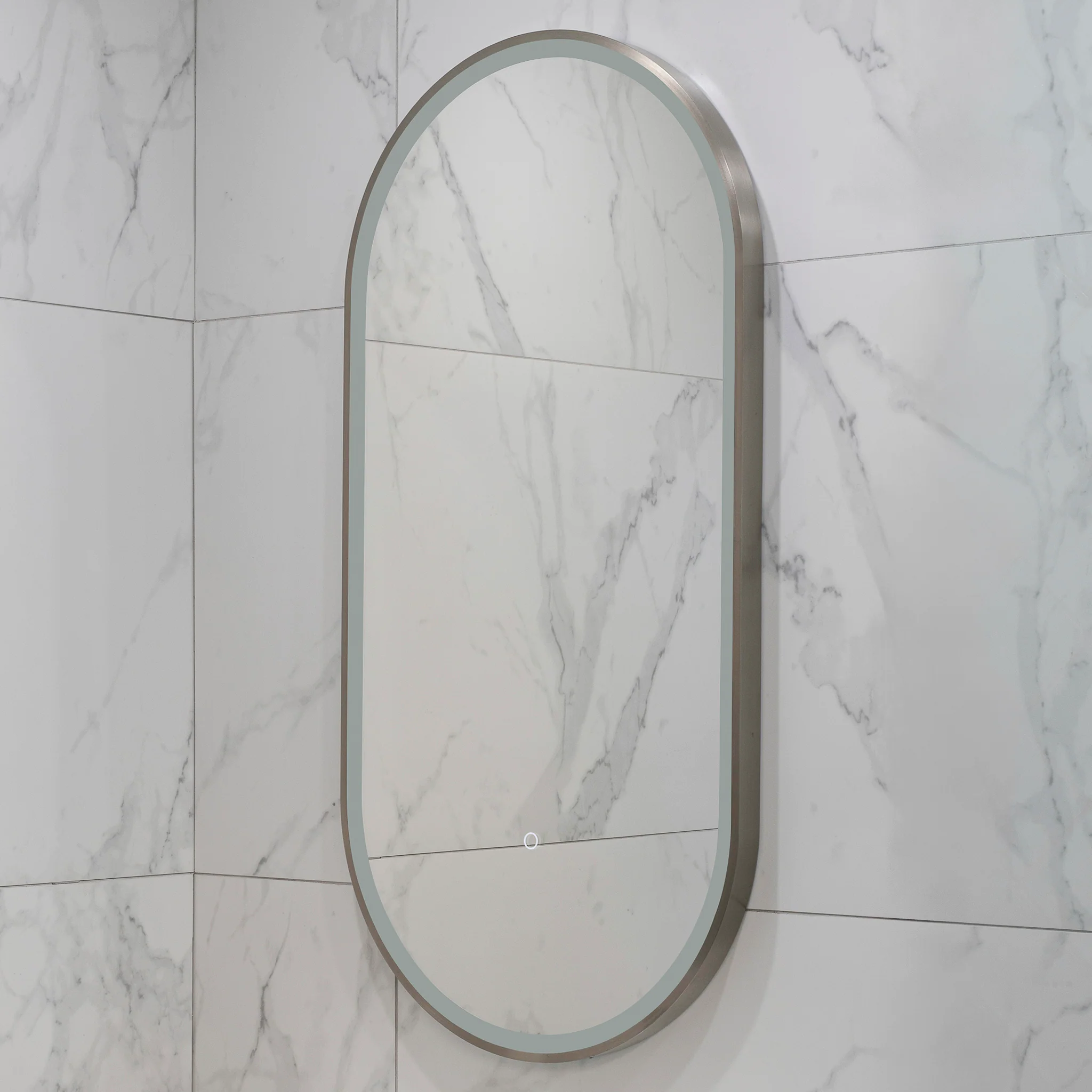Pill Oval 500mm x 1000mm Frontlit LED Framed Mirror with Demister, Brushed Nickel Frame - Image 7