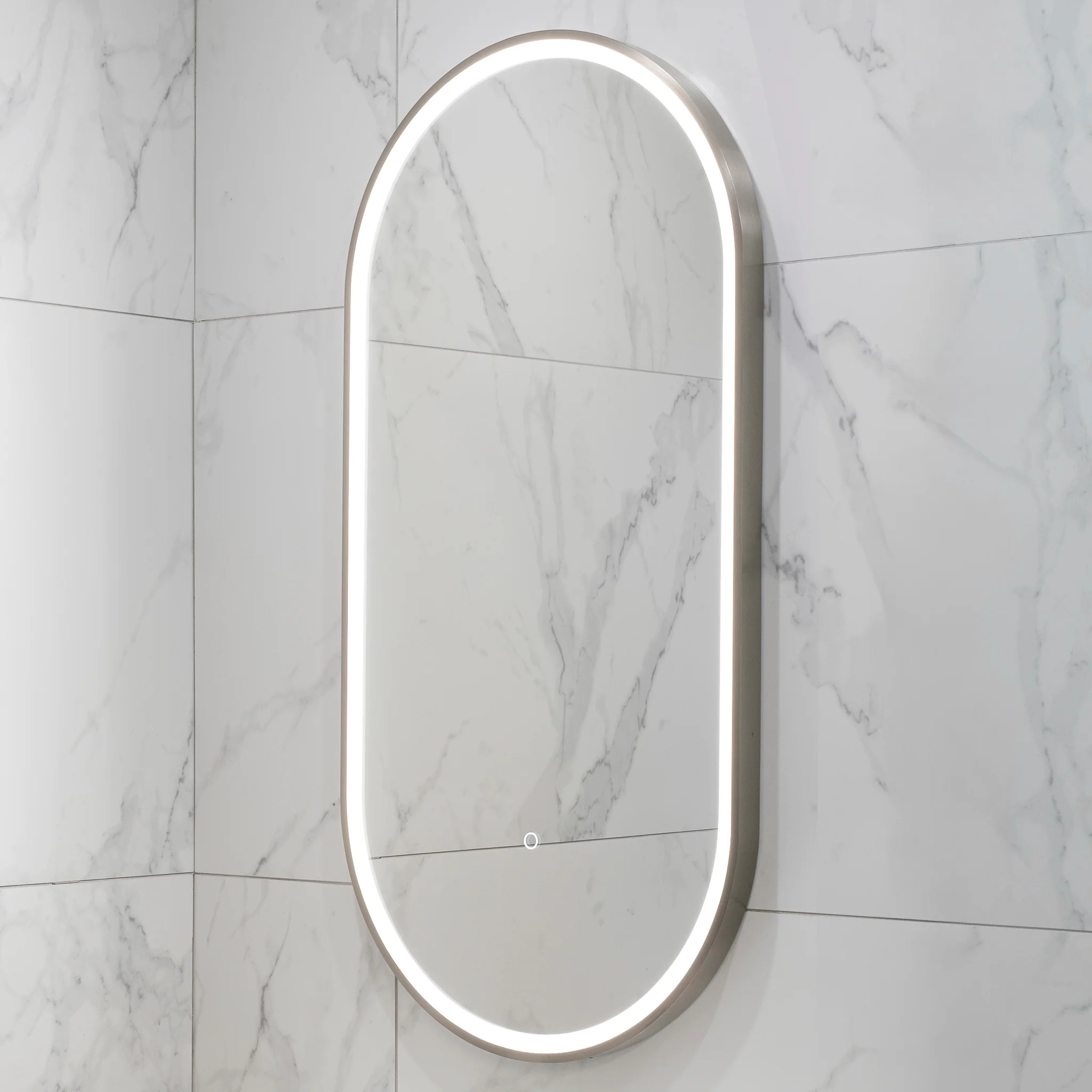 Pill Oval 500mm x 1000mm Frontlit LED Framed Mirror with Demister, Brushed Nickel Frame - Image 8