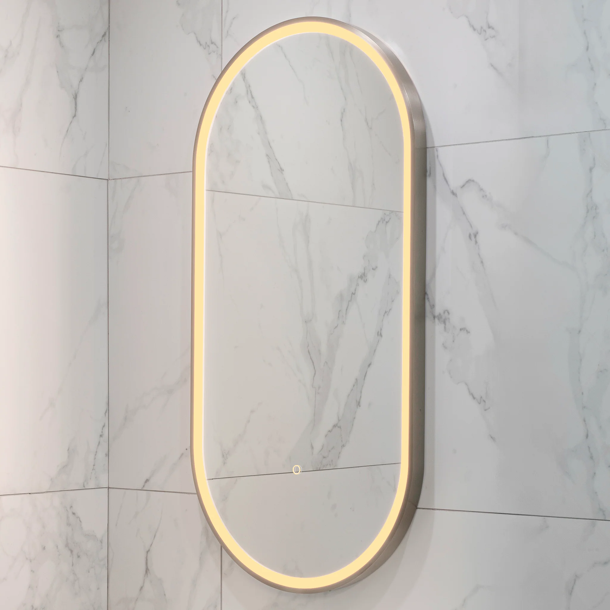 Pill Oval 500mm x 1000mm Frontlit LED Framed Mirror with Demister, Brushed Nickel Frame - Image 9