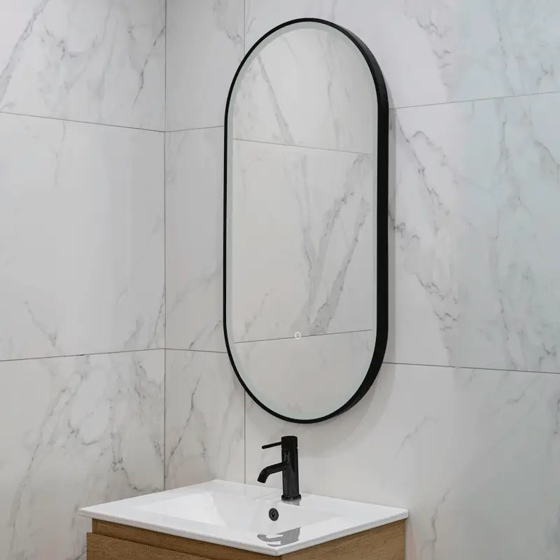 Pill Oval 500mm x 1000mm Frontlit LED Framed Mirror with Demister, Matte Black Frame - Image 2