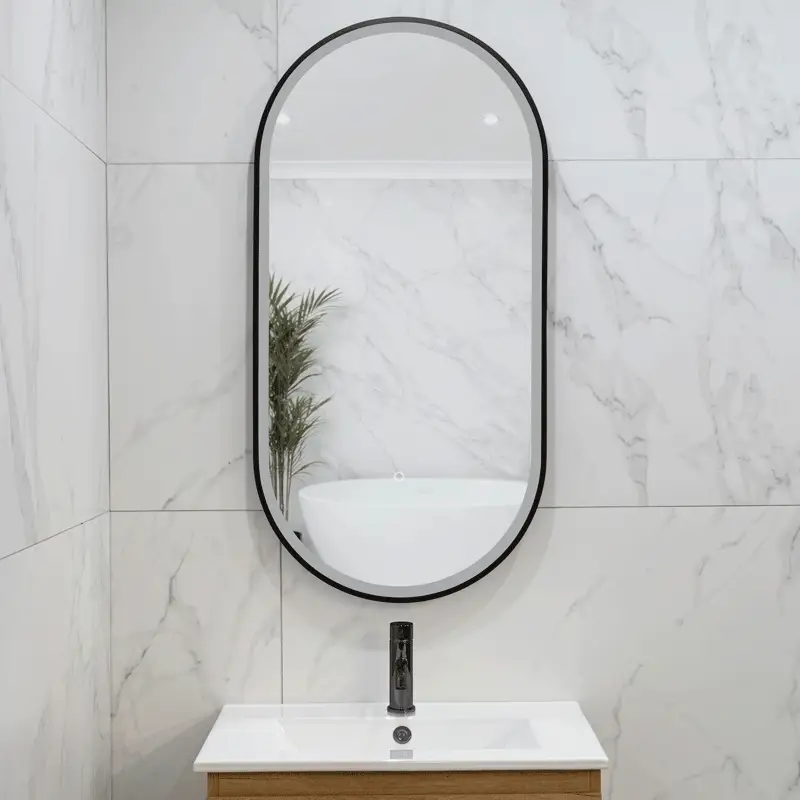 Pill Oval 500mm x 1000mm Frontlit LED Framed Mirror with Demister, Matte Black Frame - Image 4