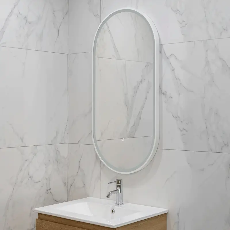 Pill Oval 500mm x 1000mm Frontlit LED Framed Mirror with Demister, Matte White Frame - Image 2