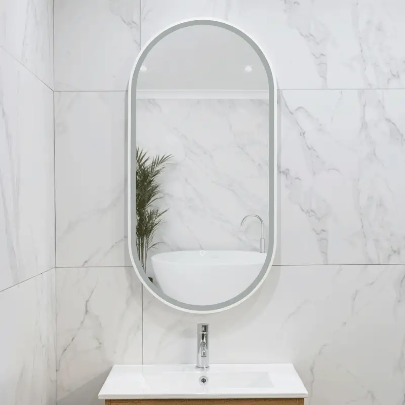 Pill Oval 500mm x 1000mm Frontlit LED Framed Mirror with Demister, Matte White Frame - Image 4