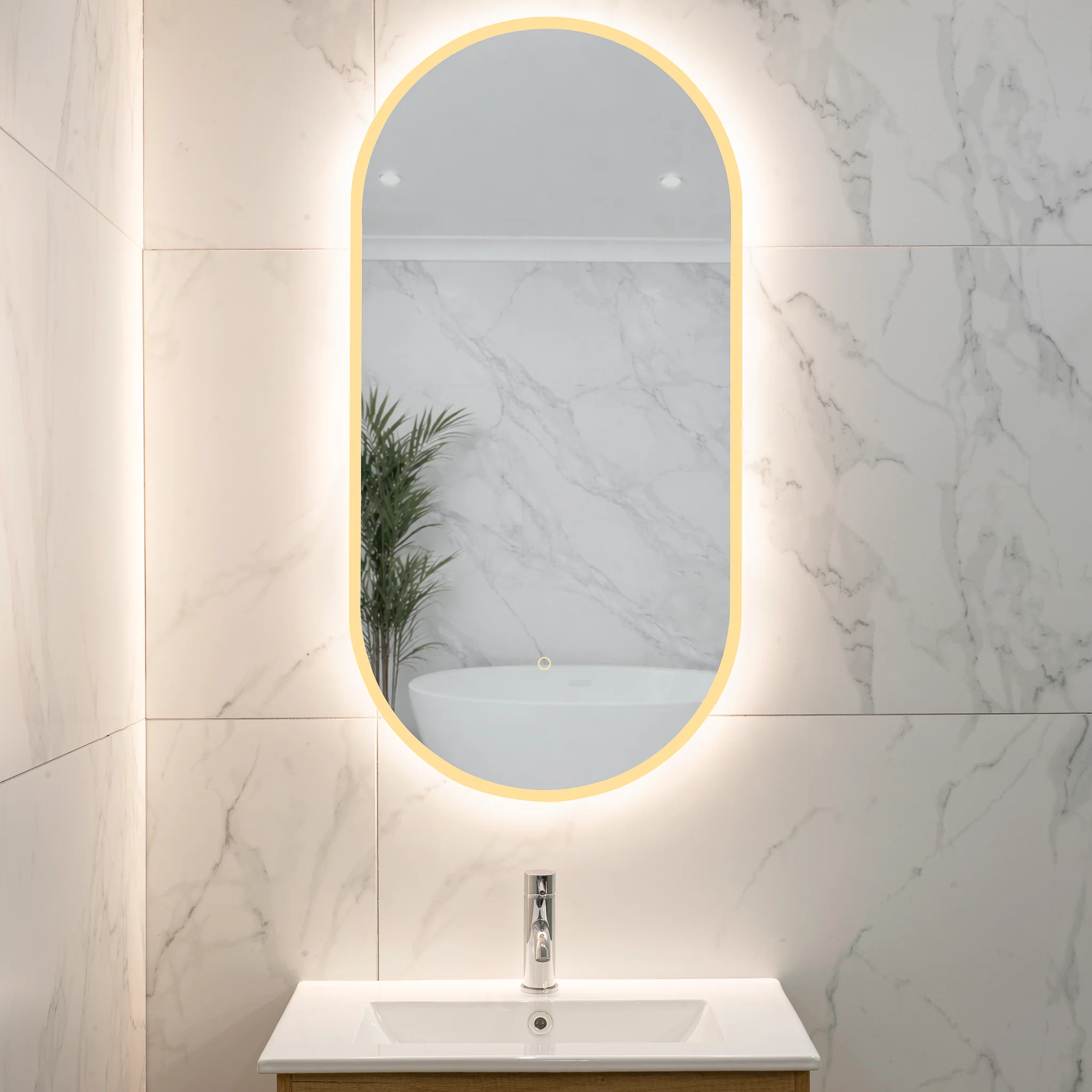 Pill Oval 500mm x 1000mm Frontlit and Backlit LED Frameless Mirror with Frosted Glass Border and Demister
