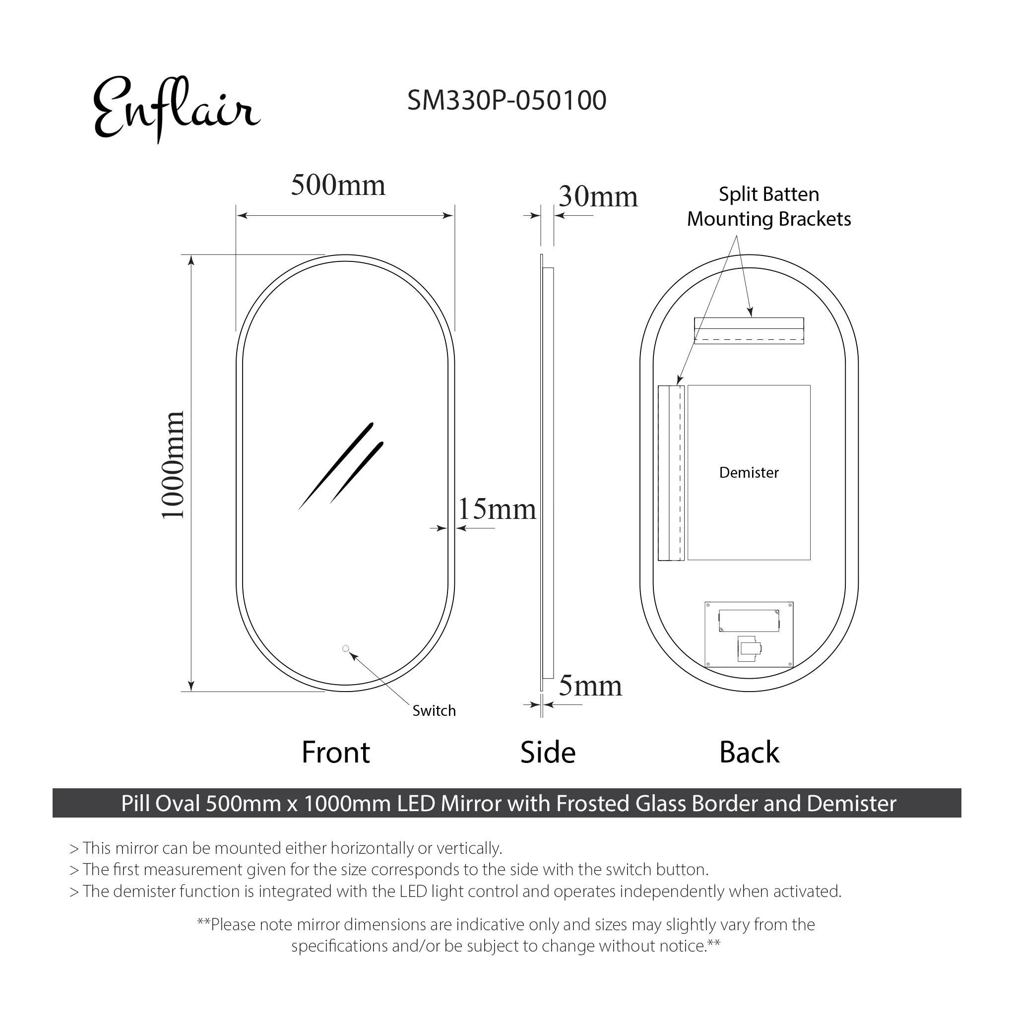 Pill Oval 500mm x 1000mm Frontlit and Backlit LED Frameless Mirror with Frosted Glass Border and Demister - Image 13