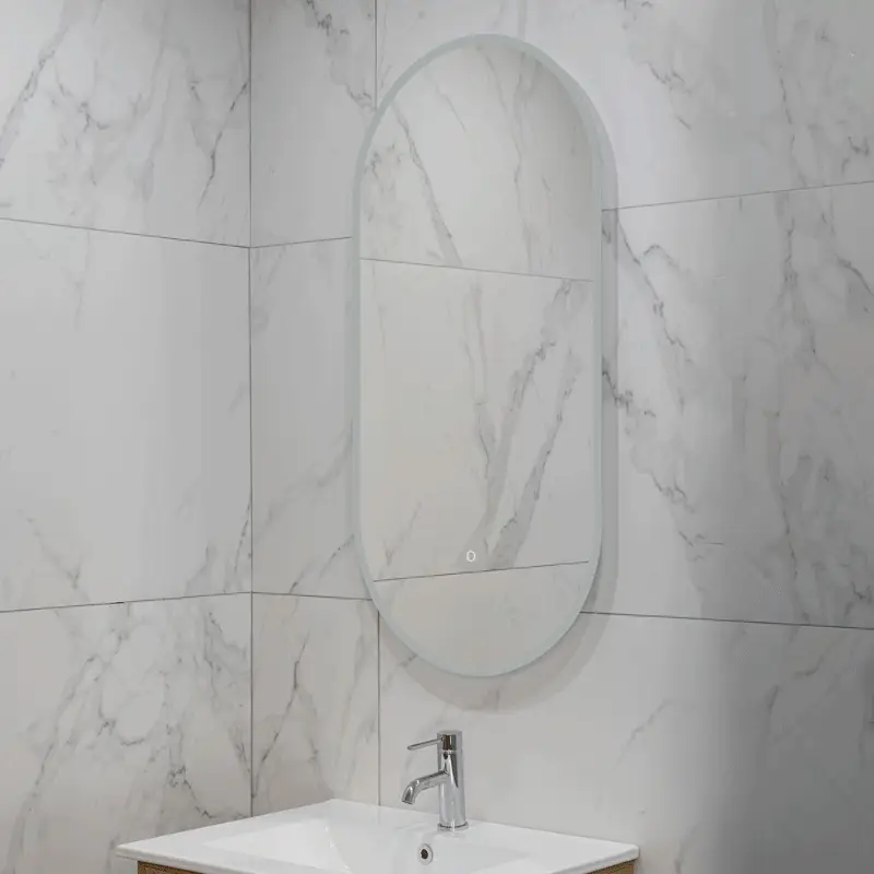 Pill Oval 500mm x 1000mm Frontlit and Backlit LED Frameless Mirror with Frosted Glass Border and Demister - Image 2