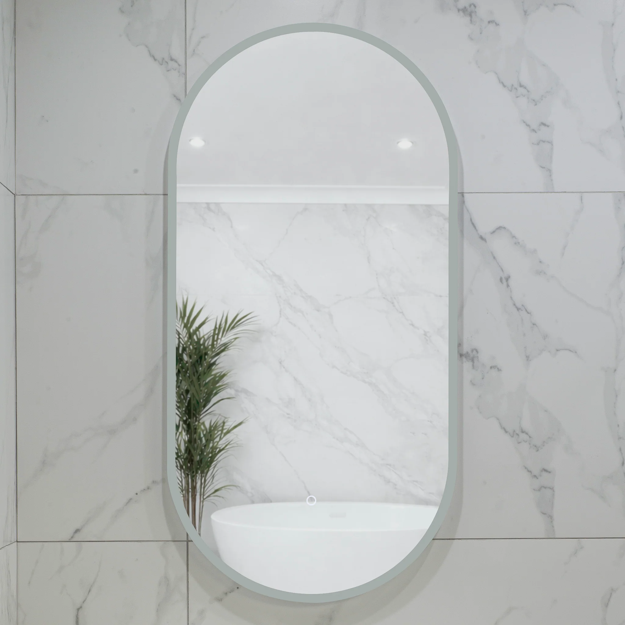 Pill Oval 500mm x 1000mm Frontlit and Backlit LED Frameless Mirror with Frosted Glass Border and Demister - Image 3