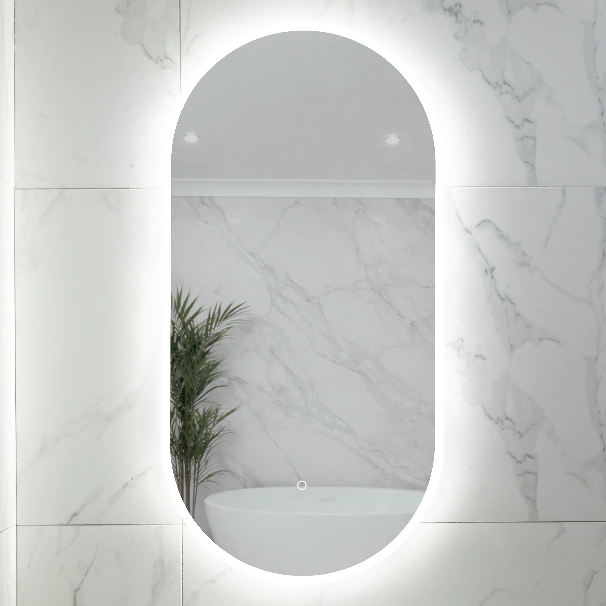 Pill Oval 500mm x 1000mm Frontlit and Backlit LED Frameless Mirror with Frosted Glass Border and Demister - Image 5