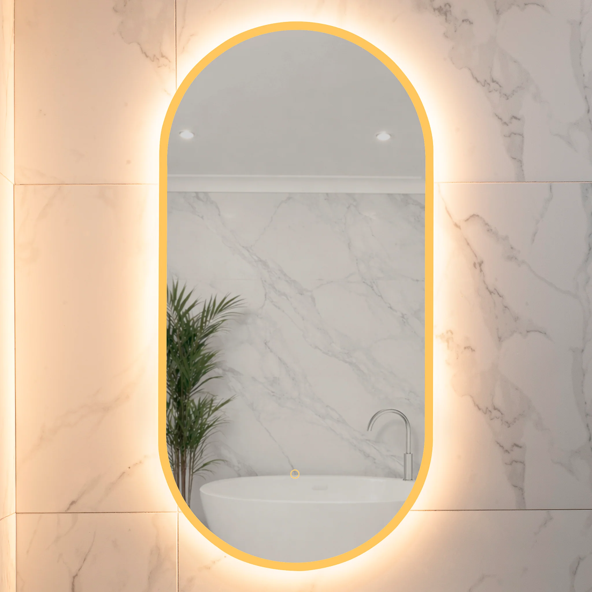 Pill Oval 500mm x 1000mm Frontlit and Backlit LED Frameless Mirror with Frosted Glass Border and Demister - Image 6