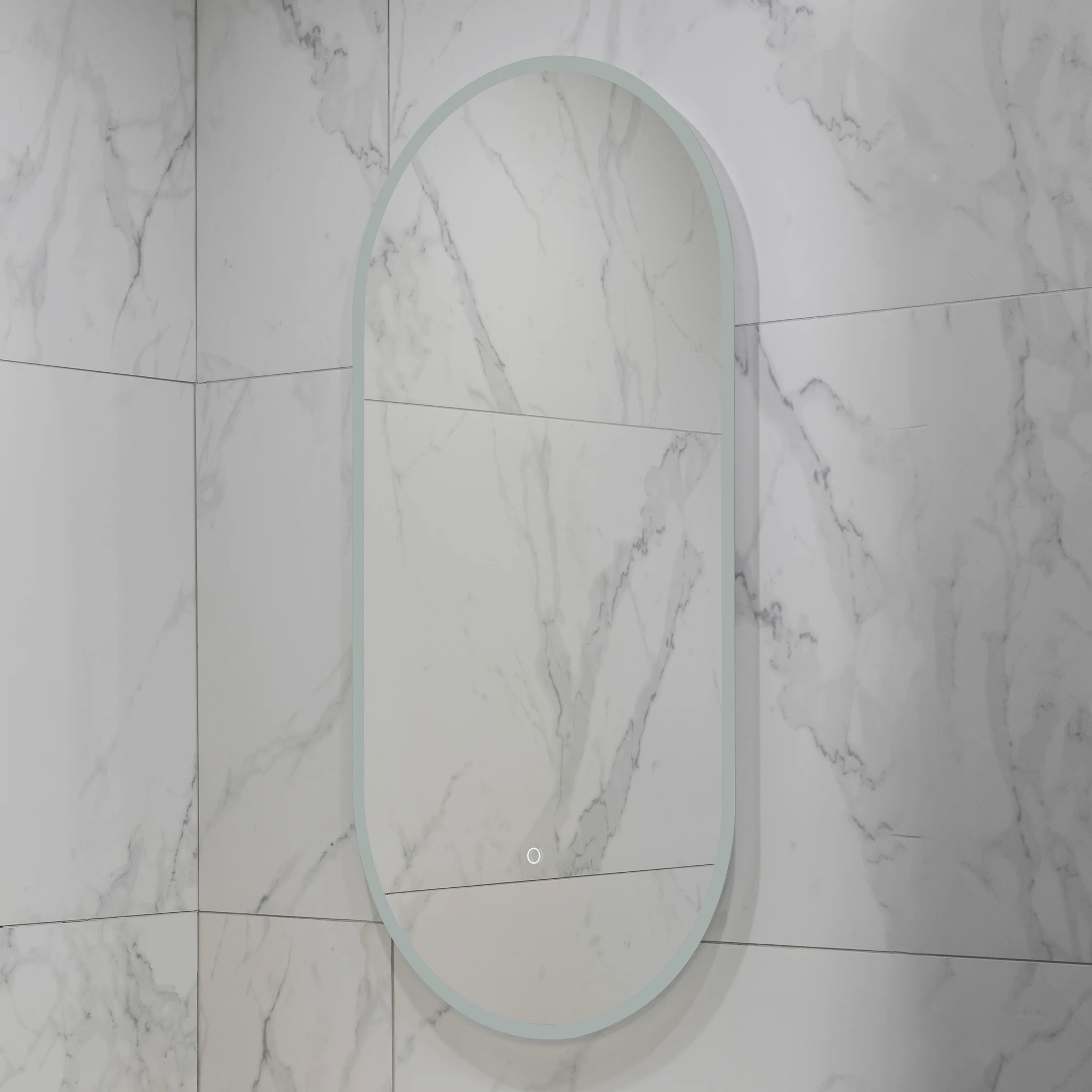 Pill Oval 500mm x 1000mm Frontlit and Backlit LED Frameless Mirror with Frosted Glass Border and Demister - Image 7
