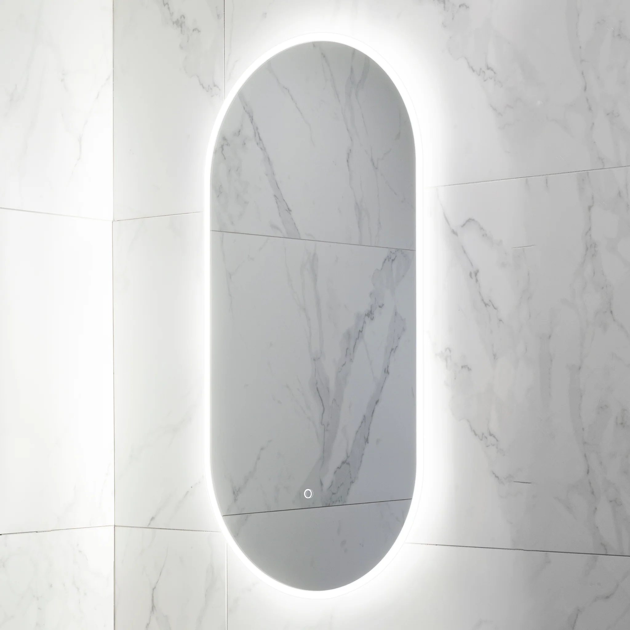 Pill Oval 500mm x 1000mm Frontlit and Backlit LED Frameless Mirror with Frosted Glass Border and Demister - Image 8