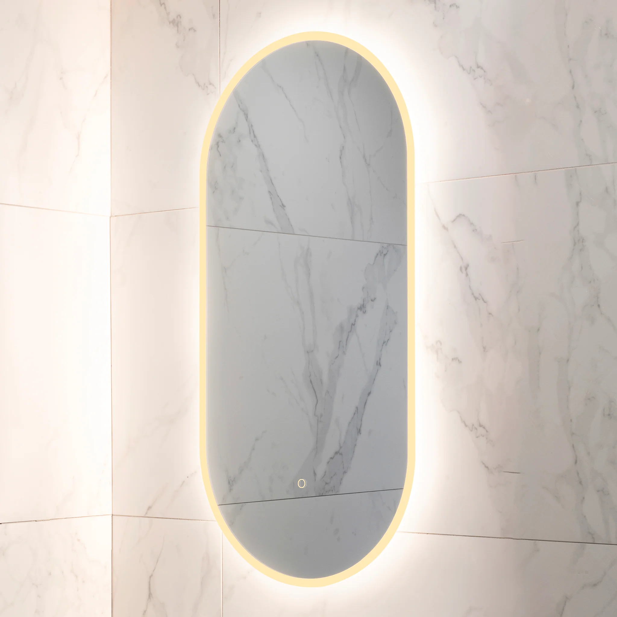 Pill Oval 500mm x 1000mm Frontlit and Backlit LED Frameless Mirror with Frosted Glass Border and Demister - Image 9