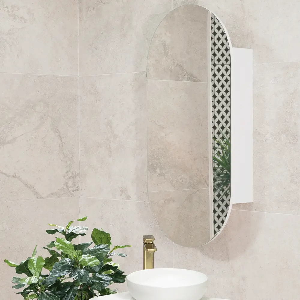Pill Oval 500mm x 1000mm Mirrored Shaving Cabinet, Matte White - Image 3
