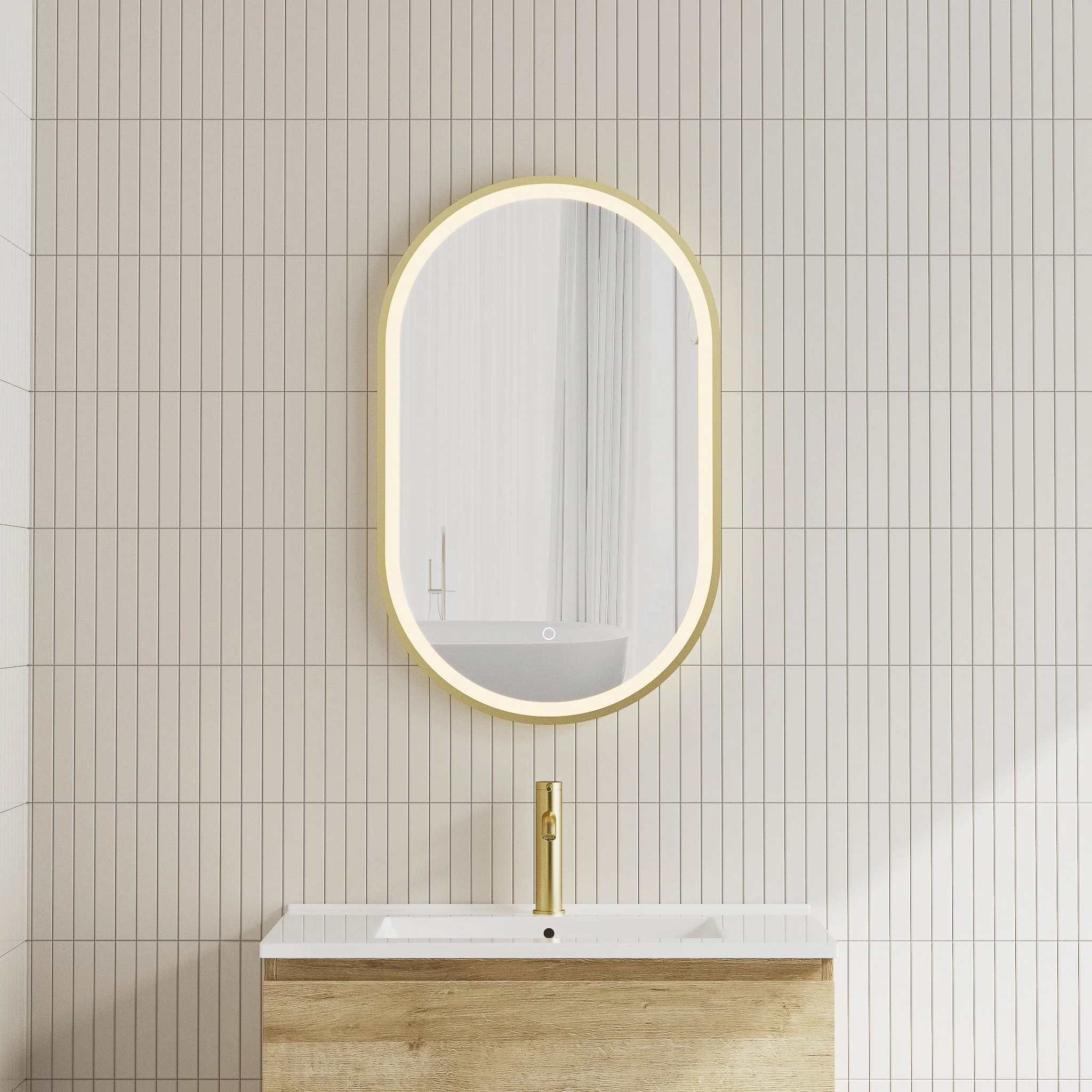 *Clearance* Pill Oval 500mm x 800mm Frontlit LED Framed Mirror with Demister, Brushed Brass (Gold) Frame