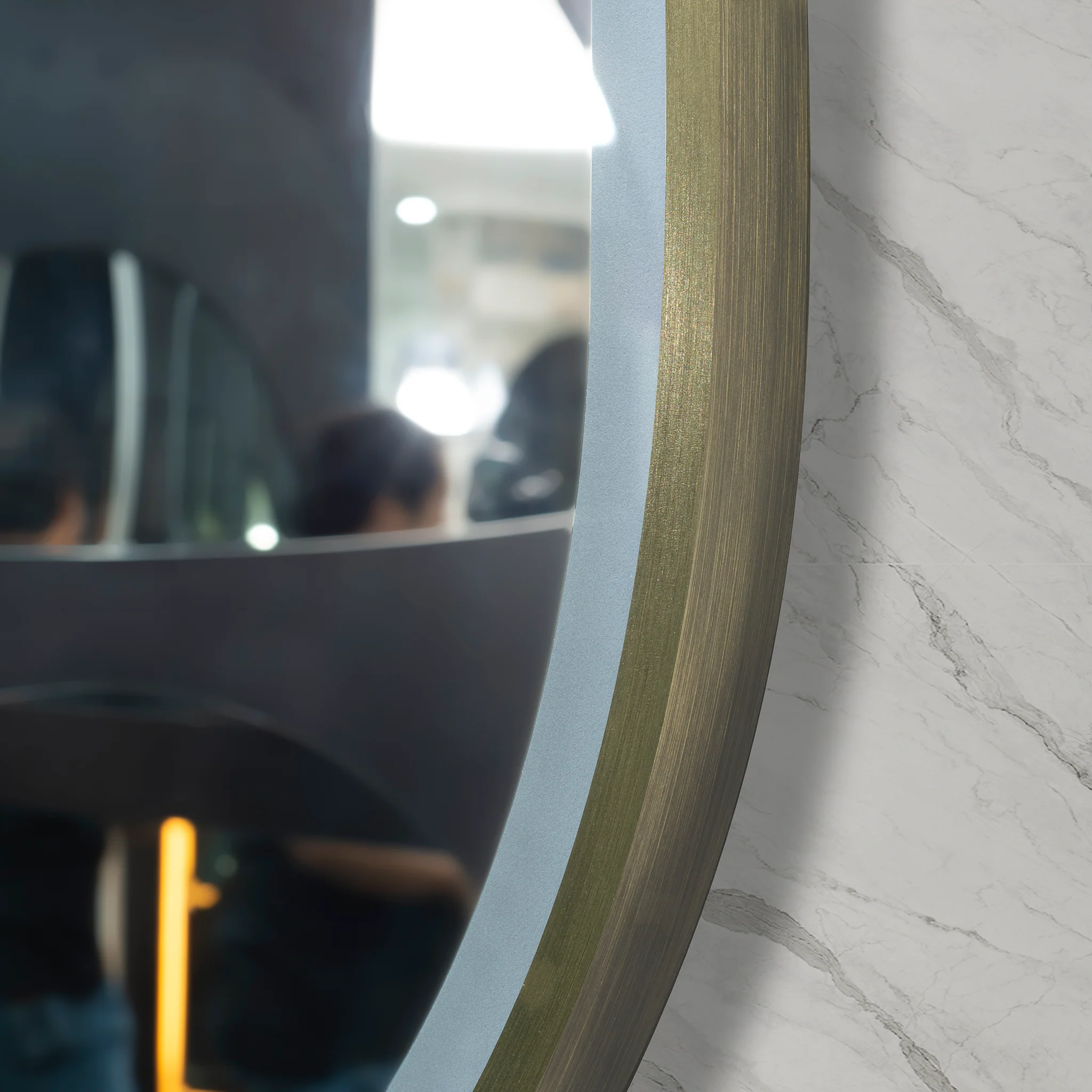 *Clearance* Pill Oval 500mm x 800mm Frontlit LED Framed Mirror with Demister, Brushed Brass (Gold) Frame - Image 4